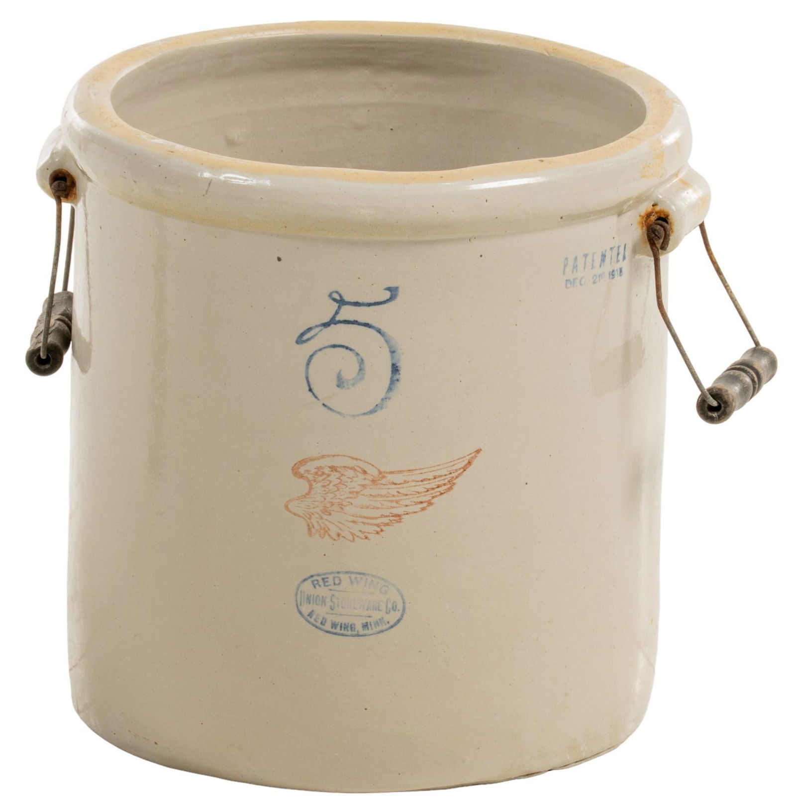 Union Stoneware Crock: Union Stoneware Co. (Red Wing, Minnesota), five gallon stoneware crock, metal handles height 13 in. x width 13.5 in. Shipping available for this lot through our partner 4CL; please request a shippin