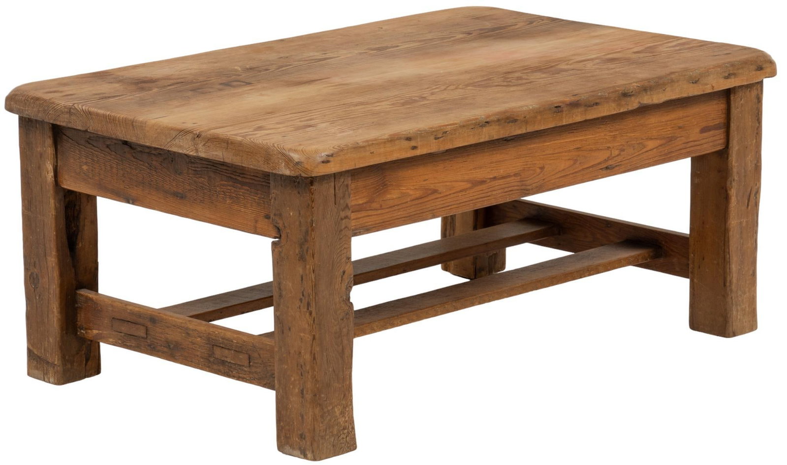 Farmhouse Coffee Table: Farmhouse coffee table featuring oversize top supported on block legs with H-form stretcher height 19 in. x width 43 in. x depth 28 in. Provenance: Property from the estate of a San Antonio, Texas Lad