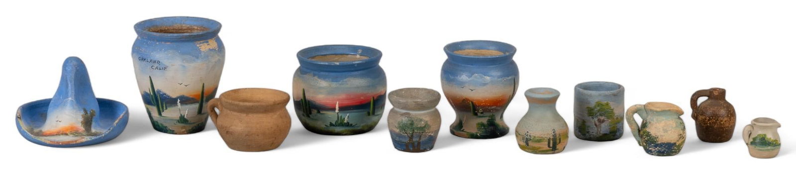 Collection of (11) Miniature Pottery Vessels: Collection of (11) miniature pottery vessels, some purportedly Meyer, hand-painted Texas countryside scenes, some signed height 4 in. x width 3.5 in. x depth 3.5 in. / greatest Shipping available for 