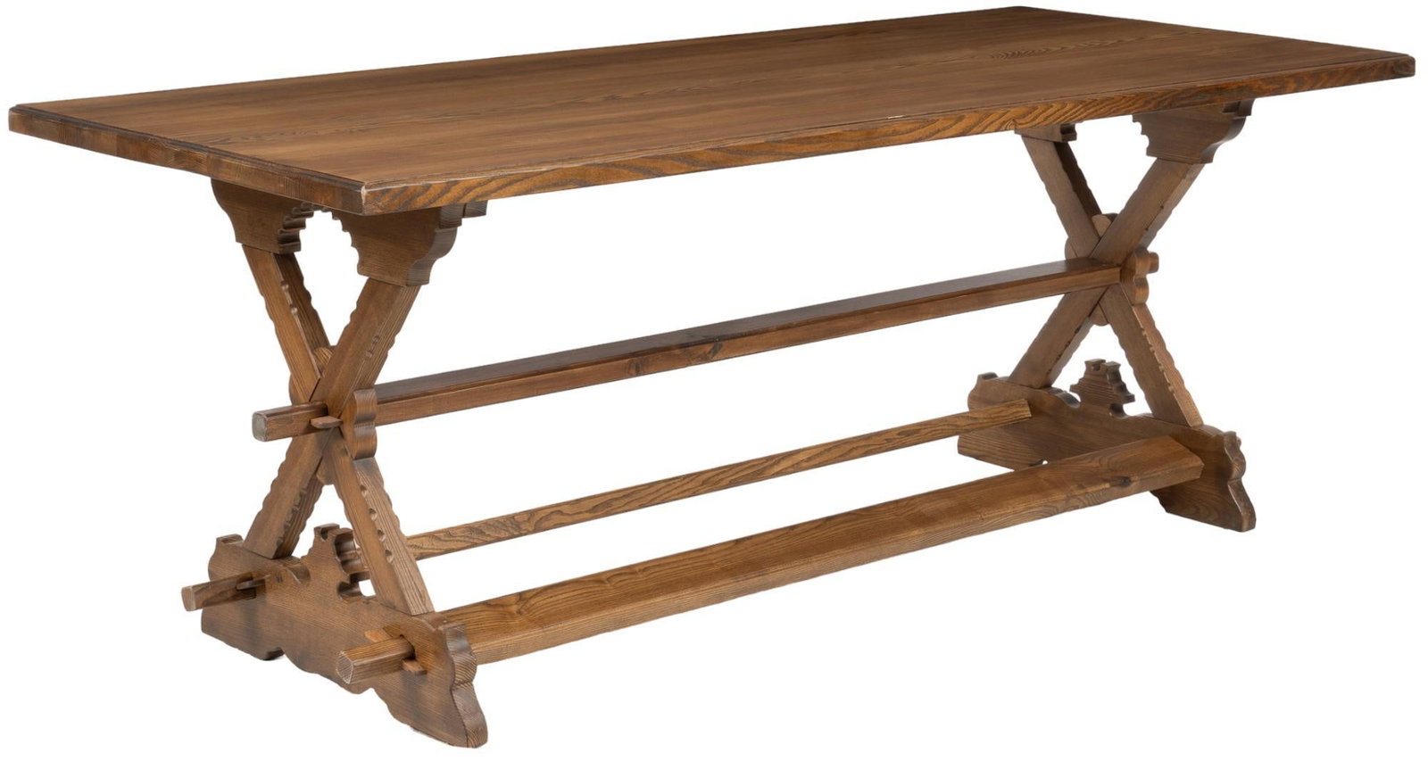 Farmhouse Table: Farmhouse table with stretcher X-form legs height 32.5 in. x width 83 in. x depth 35.5 in. Shipping available for this lot through our partner 4CL; please request a shipping quote at shipping@vogt