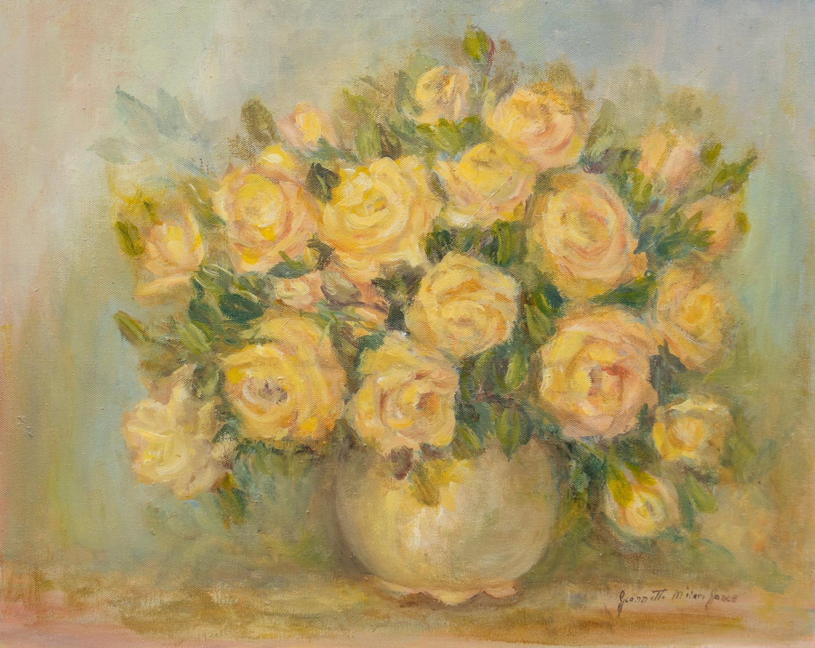 Jeannette Milam Jones, Yellow Rose Bouquet: Jeannette Milam Jones (Texas, 1903-1989), yellow rose bouquet, oil on canvas sight: 16 x 20 in., frame: 21 x 25 in. Shipping available for this lot through our partner 4CL; please request a shipping q