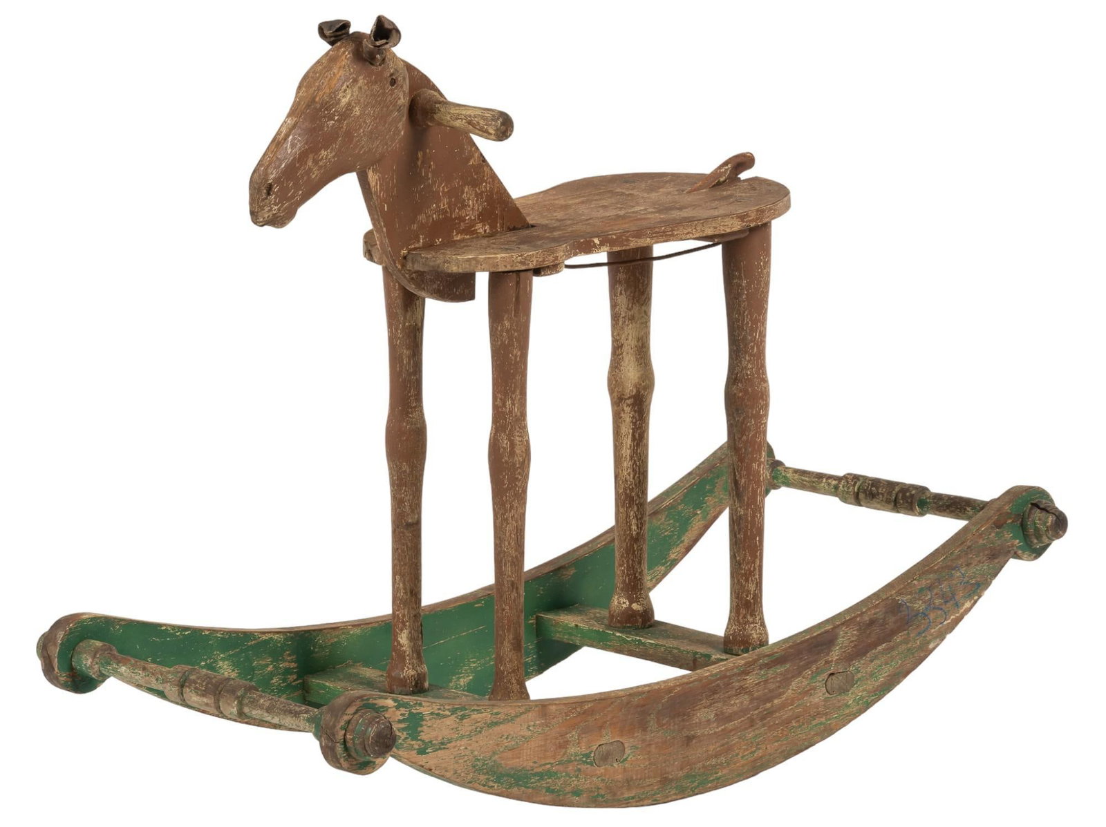 Rocking Horse: Primitive wooden sleigh-style rocking horse, distressed painted finish height 31 in. x width 39 in. x depth 18.5 in. Shipping available for this lot through our partner 4CL; please request a shipping 