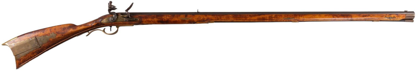 R R Helyer Kentucky Long Rifle 45 Cal Muzzleloading rifle: Manufacturer: RR Heyler Model: Kentucky Long Rifle Caliber: 45 Cal Barrel length: 42 in. OAL: 59 in. Condition: Very Good; wood stock has light handling marks; barrel & lock plate have light hand