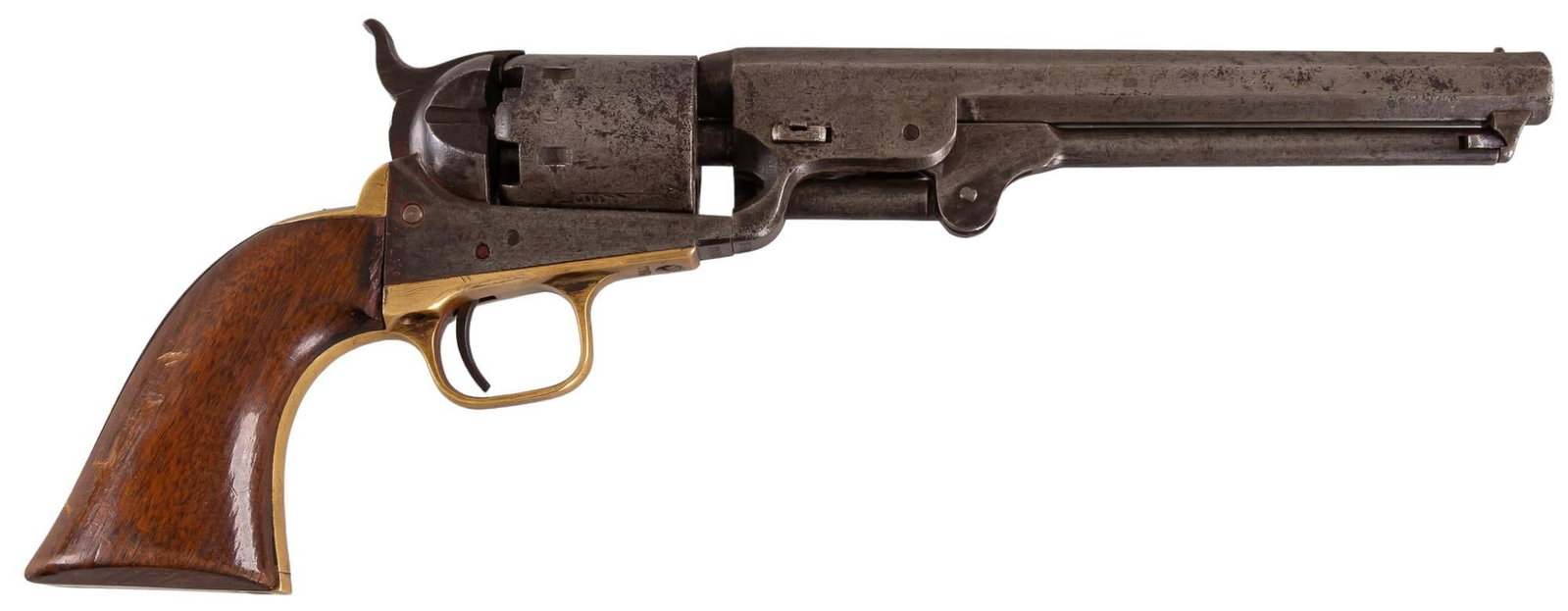 Antique Civil War Era Colt 1851 36 Cal Revolver: Serial: 176898 Manufacturer: Colt (c. 1864) Model: 1851 Navy Caliber: 36 Cal Barrel length: 7.5 In. OAL: 13 In Condition: Good: Walnut grips have light handling marks; barrel, cylinder and frame have 