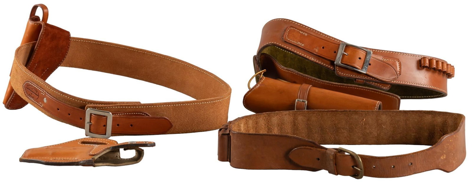 Collection of 4 Leather Holsters & Belts: Includes: (1) Safariland leather belt size 34 w/ matching holster Safariland #40; belt has bullet loops fitting up to 45 Colt (2) El Paso Saddlery Co. holster on a Texas Jack Cimarron F.A. Co. size 40