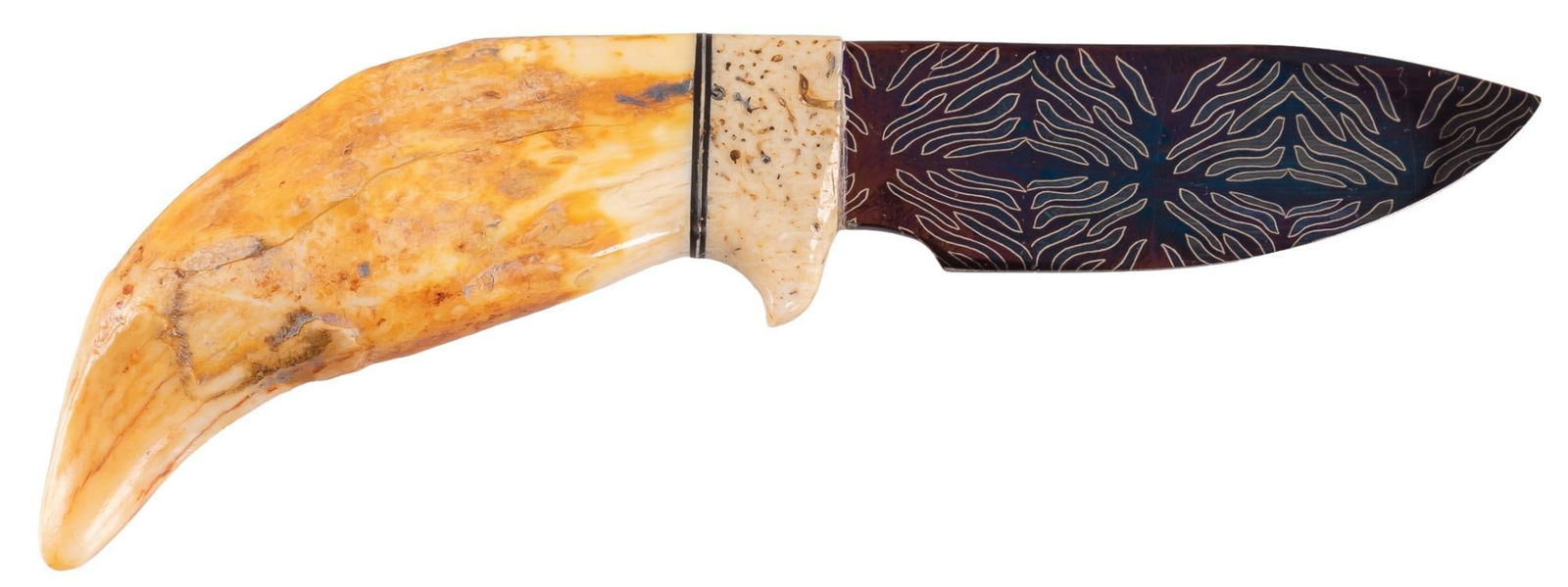 Gorgeous Webb Hammond Mosaic Damascus Cave Bear Tooth Custom Knife: Manufacturer: Webb Hammond Model: Mosaic Damascus Cave Bear Blade length: 2.5 in. OAL: 5.75 in. Condition: Very Good; Fossil Cave Bear tooth handle has light handling marks with very good finish; Mosa