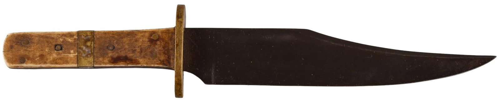 C. 1881 Frontier Style Bowie Fighting Knife W/ Bone Grips: Manufacturer: unknown (c. 1881) Model: Frontier style Bowie Fighting knife Blade length: 8.75 in. OAL: 13.75 in. Condition: Fair; bone grip handle has brown patina throughout w/ wear around edges; bra