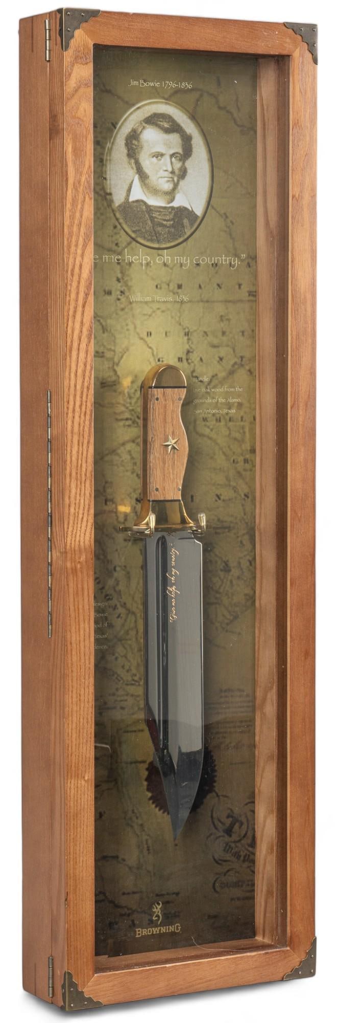 Browning Living History Alamo Commemorative Bowie Knife Display: Manufacturer: Browning Model: Living History Series: Alamo Commemorative Bowie knife #370 of 1836 Blade length: 10 in. OAL: 15 in. (case: 30 x 9 x 3 in.) Includes: handle is made of Live Oak from the
