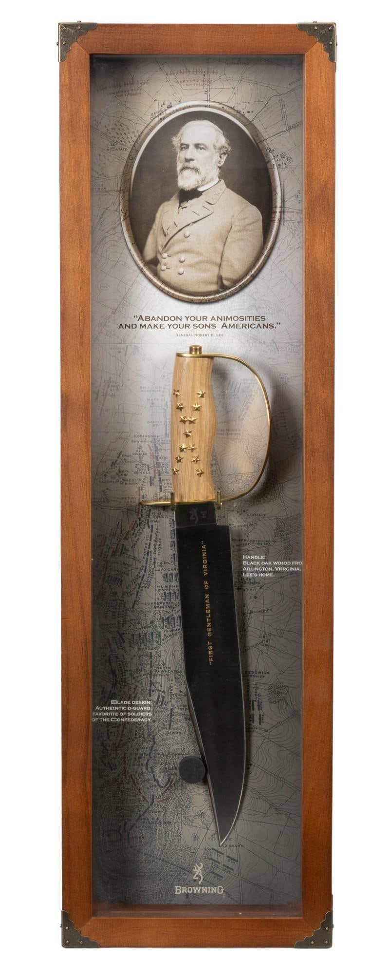 Browning Living History Robert E. Lee Commemorative Knife Display: Manufacturer: Browning Model: Living History Series: Robert E. Lee Commemorative Bowie knife #122 of 1807 Blade length: 11.625 in. OAL: 16.875 in. (case: 30 x 9 x 3 in.) Includes: wood handle is Black