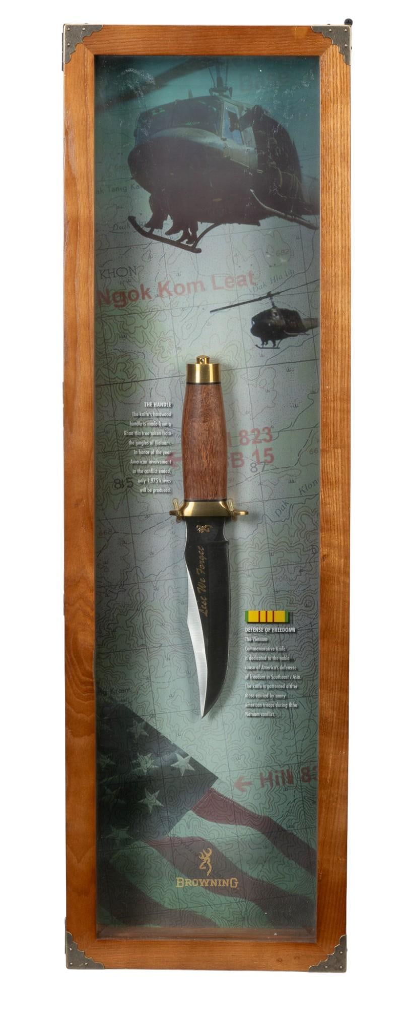 Browning Living History Vietnam Commemorative Knife Display: Manufacturer: Browning Model: Living History Series: Vietnam Commemorative Knife #122 of 1975 Blade length: 6.625 in. OAL: 11.75 in. (case: 30 x 9 x 3 in.) Includes: wood handle from Khan Hin tree in 