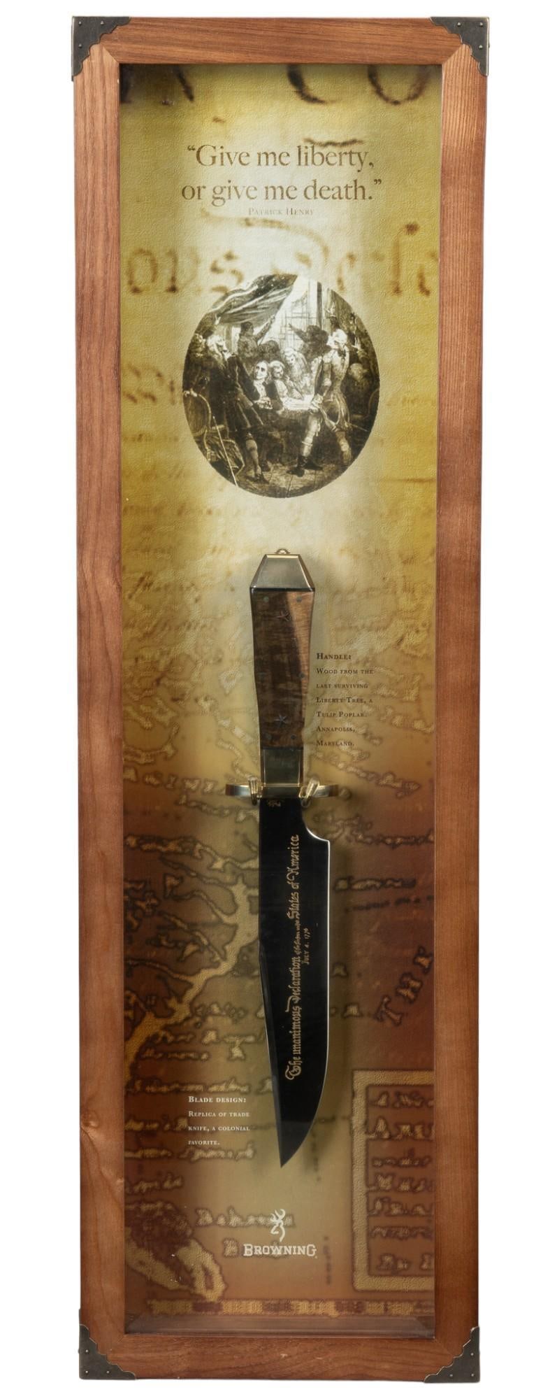 Browning Living History Liberty Tree Commemorative Knife Display: Manufacturer: Browning Model: Living History Series: The Liberty Tree Commemorative knife #122 of 1776 Blade length: 8.5 in. OAL: 14 in. Includes: wood grips from the last surviving Liberty Tree (Tuli
