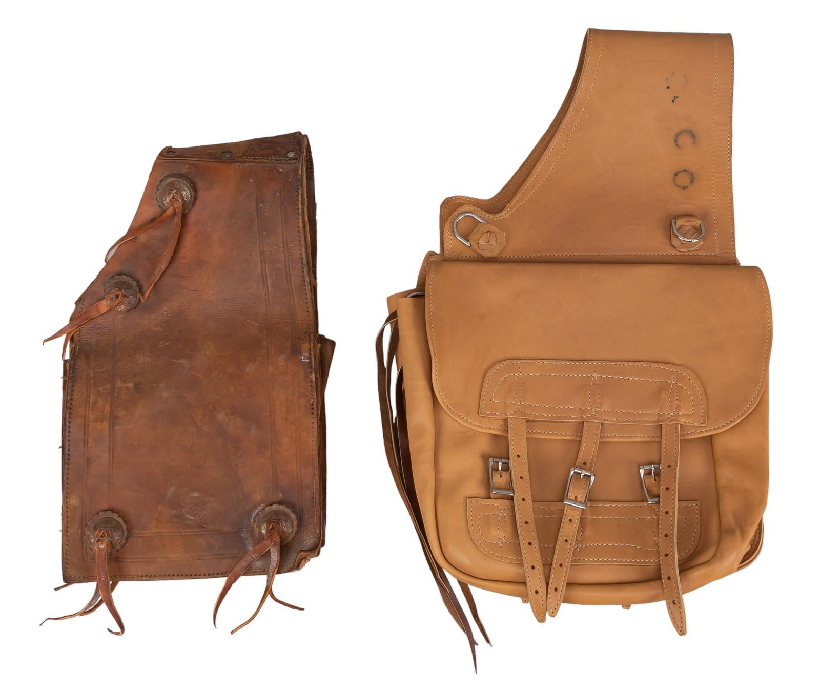 (2) Leather Saddle Bags: Two leather saddle bags, one is light brown leather with two pockets and three straps with metal closures, one is dark brown leather with concho detail height 15 in. x width 48 in. x depth 3 in. Prove