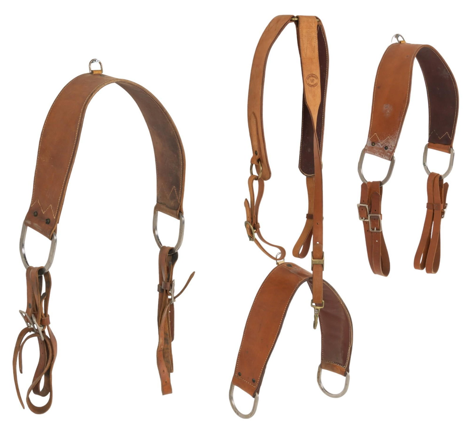 Set of (4) Leather Horse Breast Collars: Set of four leather horse breast collars, three breast collars are King Ranch Brand height 54 in. x width 34 in. x depth 2 in. Condition AB; very good condition, shows regular signs of wear Provenance