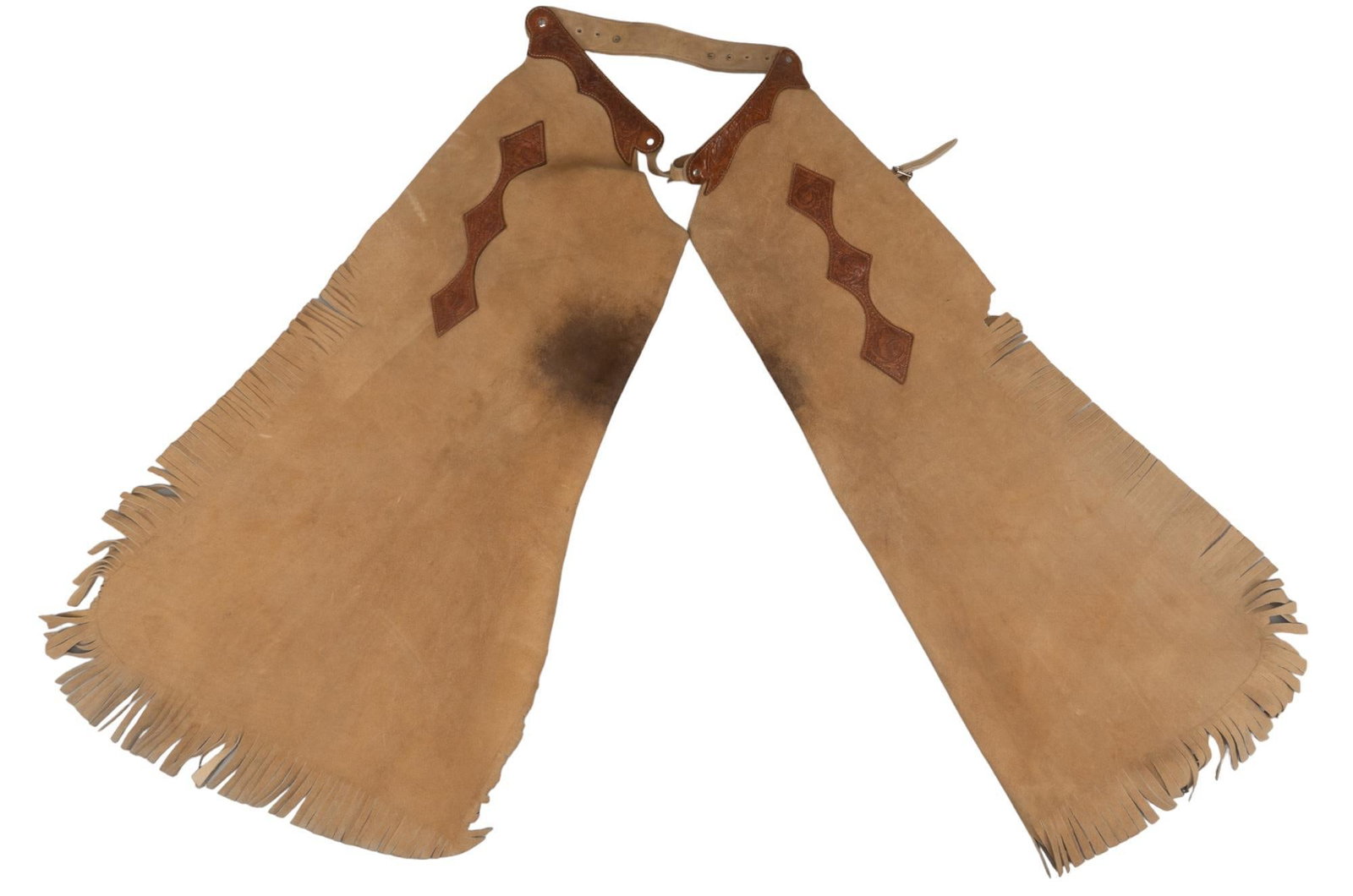 Pair of Contemporary Fringe Suede Cowboy Chaps: Pair of contemporary fringe suede cowboy chaps, light brown suede with fringe down the legs, embossed belt detail pant length 43.5 in. x width 54 in. Provenance: Property from the collection of a fami