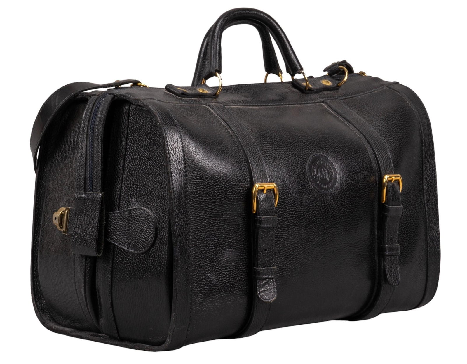 Rossi Caruso Black Leather Weekender Bag: Rossi Caruso black leather weekender bag, single interior pouch, extender straps with buckles on side, two leather hand holds on top, two decorative buckle straps, embossed logo on front height 17 in.