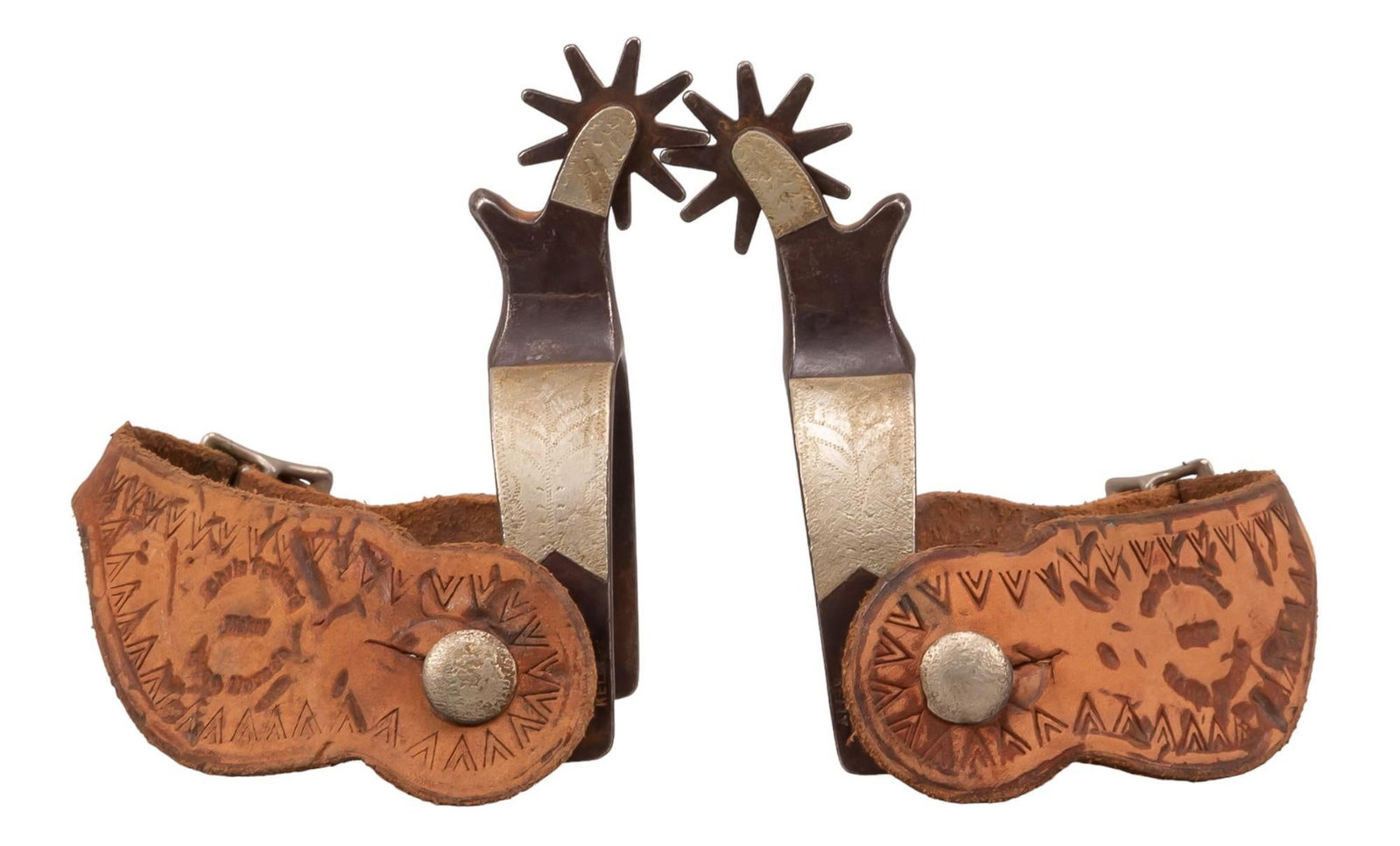 Kelly Marked Silver Mounted Cowboy Spurs: Kelly marked silver mounted cowboy spurs, geometric silver mounting on heel band and shank, geometric embossed leather detail, marked "Kelly" on heel heel strap shank length 6 in. x heel width