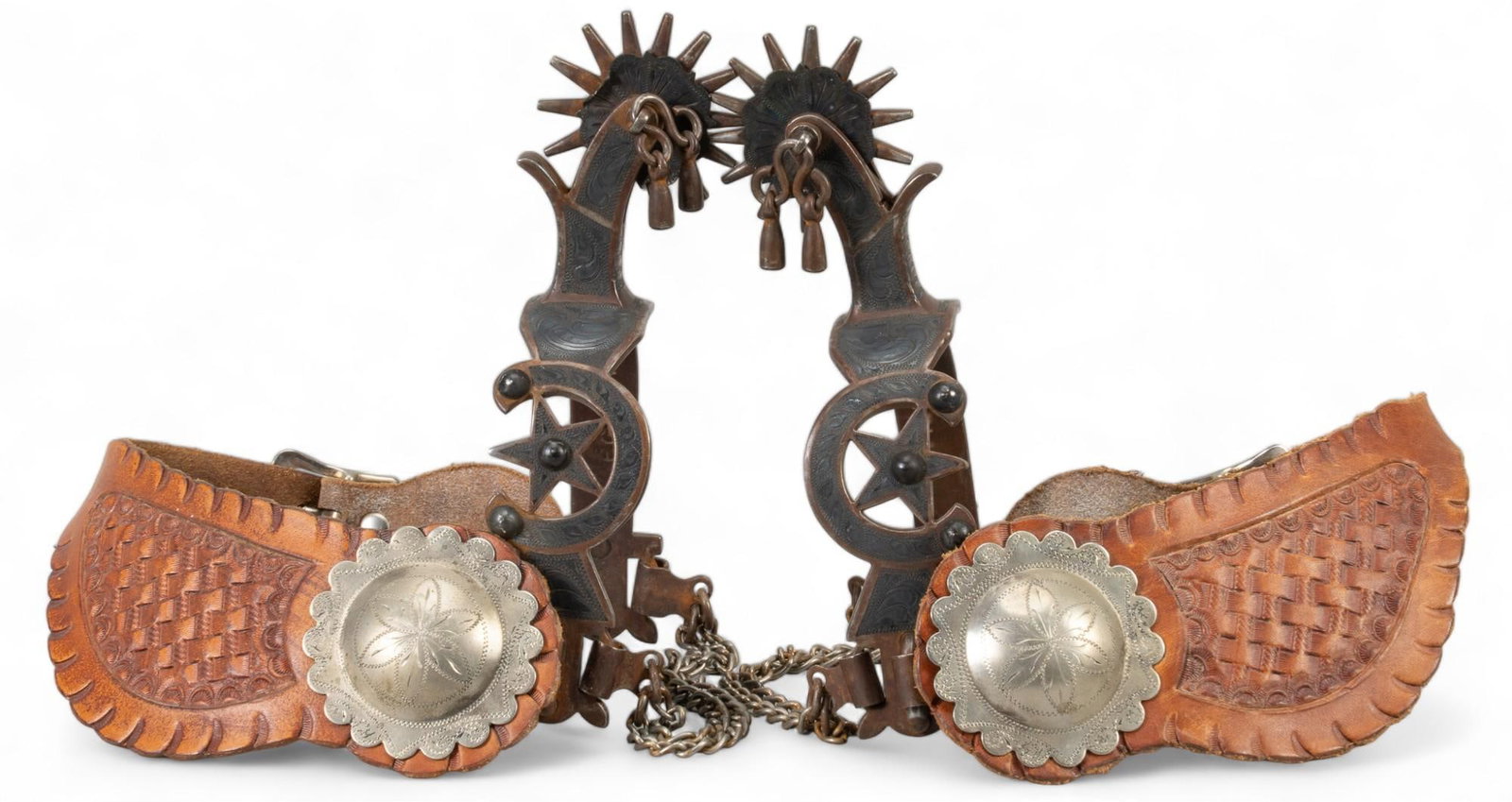 E. Garcia Silver Mounted Spurs: E. Garcia silver mounted spurs, horseshoe star pattern and silver mounted on heel band, jingle bobs on rowel, large silver conchos on embossed leather band, marked "E. Garcia" heel strap shank