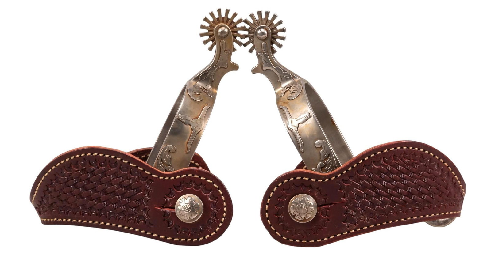 Contemporary Silver Longhorn Mounted Spurs: Contemporary silver longhorn mounted spurs, silver colored metal longhorn mounted onto heel band, cross stitch embossed pattern on leather strap heel strap shank length 6 in. x heel width 3.5 in rowel