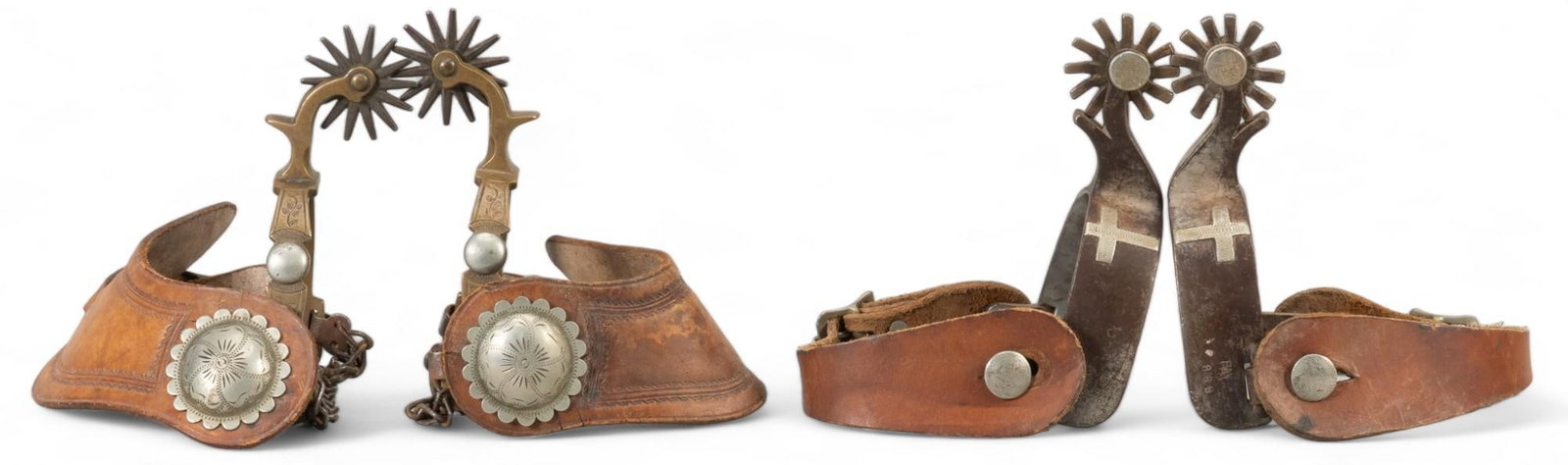 (2) Pairs of Contemporary Silver Mounted Spurs: Two pairs of spurs, one double silver mounted with cross and ichthys symbol, and embossed leather strap, marked "Payne 869", one pair with floral engravings on heel band, and heel chain heel s