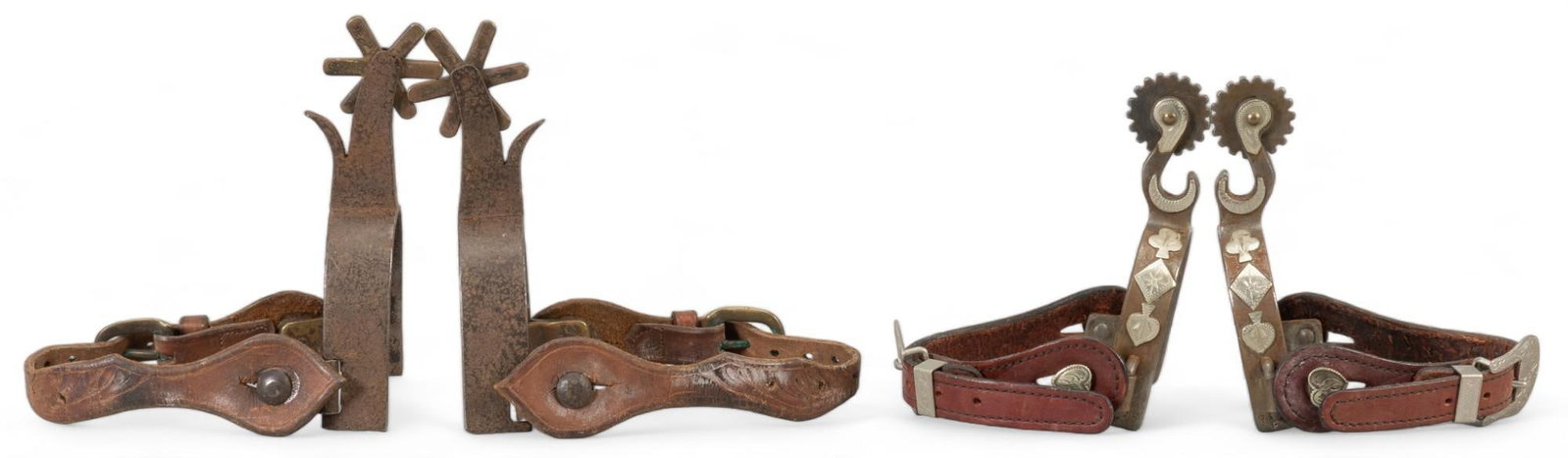 (2) Sets of Silver Mounted Spurs: Two sets of silver mounted spurs, one pair has card suite silver mounted detail on heel band, plain leather band, marked "RFF", one pair has heart shapes metal mounted detail, plain leather ba