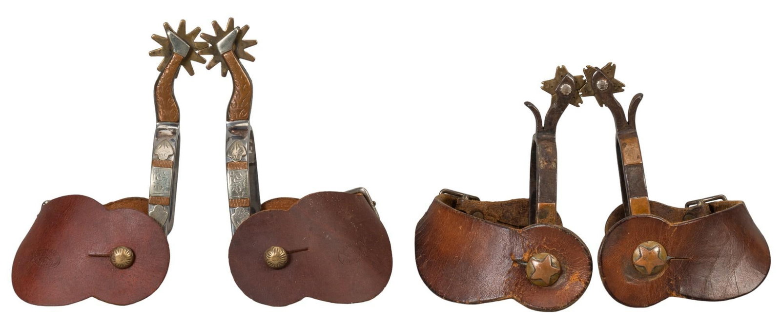 (2) Pairs of Contemporary Silver Mounted Spurs: Two pairs of contemporary silver mounted spurs, one pair has gal lag pattern with silver and copper mounted details, one pair is star of Texas button mounted, both have plain leather straps height 6.5