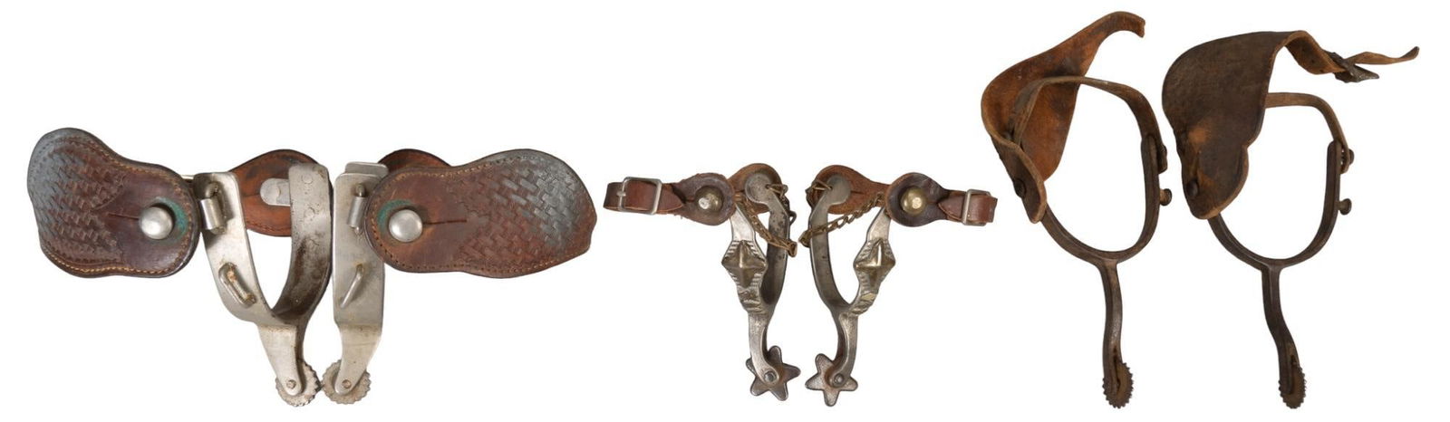 (3) Sets of Cowboy Spurs: Three sets of cowboy spurs, one pair is August Buermann brand with saw rowels, one pair is mid-century with star rowels, one pair is anchor marked, all have plain leather bands height 5.5 in. x width