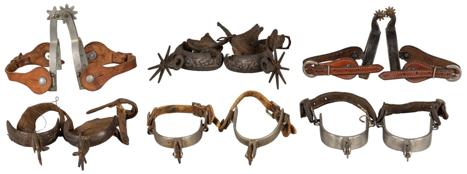 Collection of (6) Pairs of Cowboy Spurs: Collection of six pairs of cowboy spurs, includes Montana marked spurs, two Mexican style spurs, BB marked spurs, two unmarked pairs heel strap shank length 8 in. x heel width 4 in rowel diameter 2 in