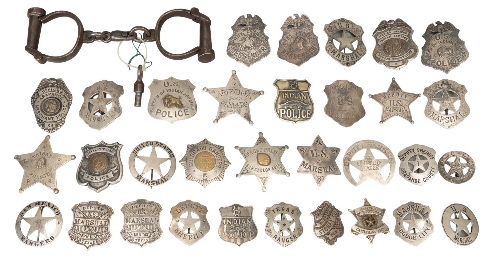Collection of Vintage Sheriff Badges: Collection of vintage sheriff badges, includes "Texas Ranger" badges, "Pony Express Messenger", and " Special Officer Indian Service Navajo Reservation", likely reproductions h