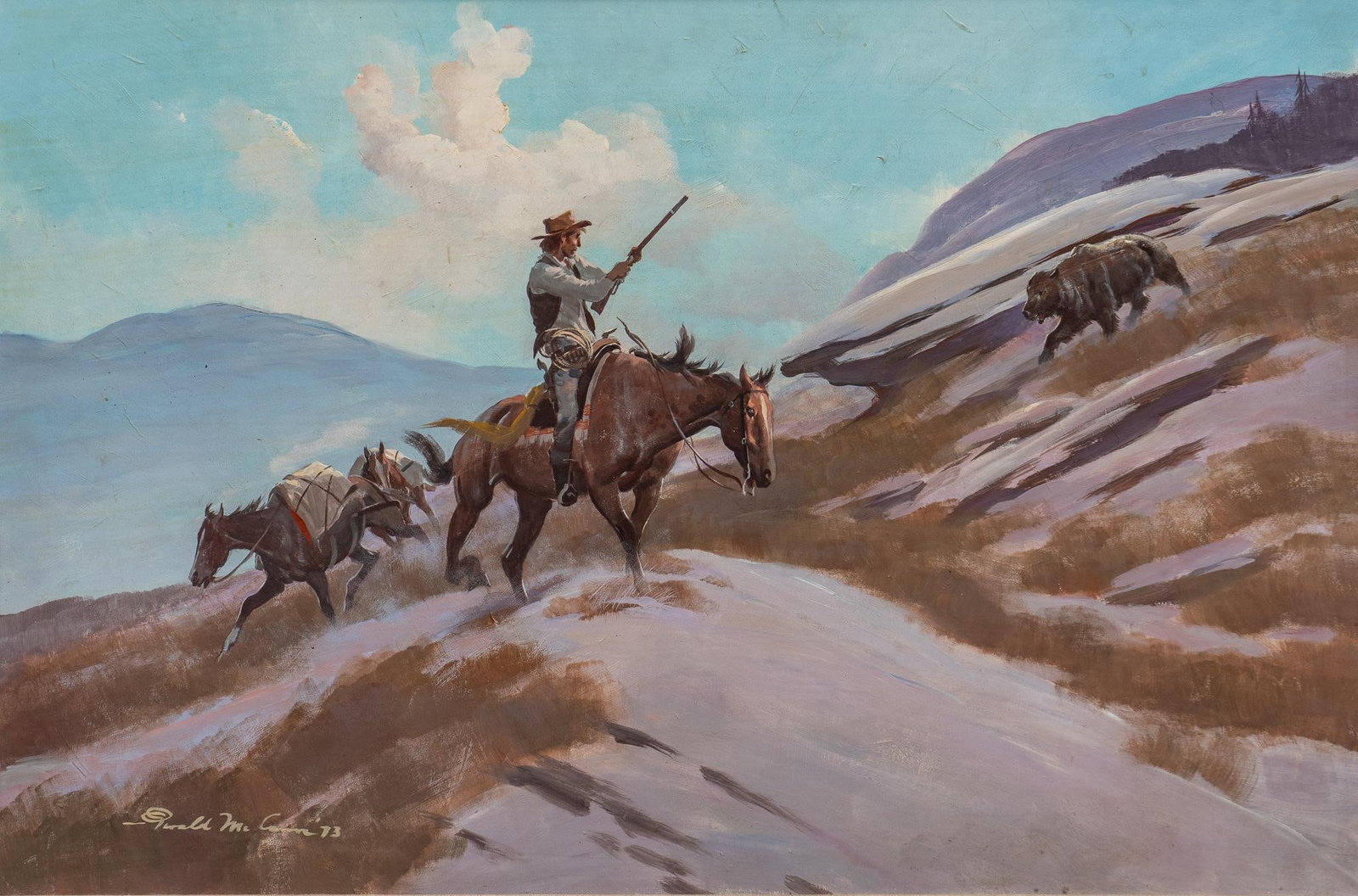 Gerald McCann, "Disputed Territory", 1973: Gerald McCann (Connecticut, 1916-1995), "Disputed Territory", 1973, oil on masonite sight: 20 x 30 in., frame: 29 x 39 in. Gerald (Gerry) Patrick McCann is known for his illustrations in the W