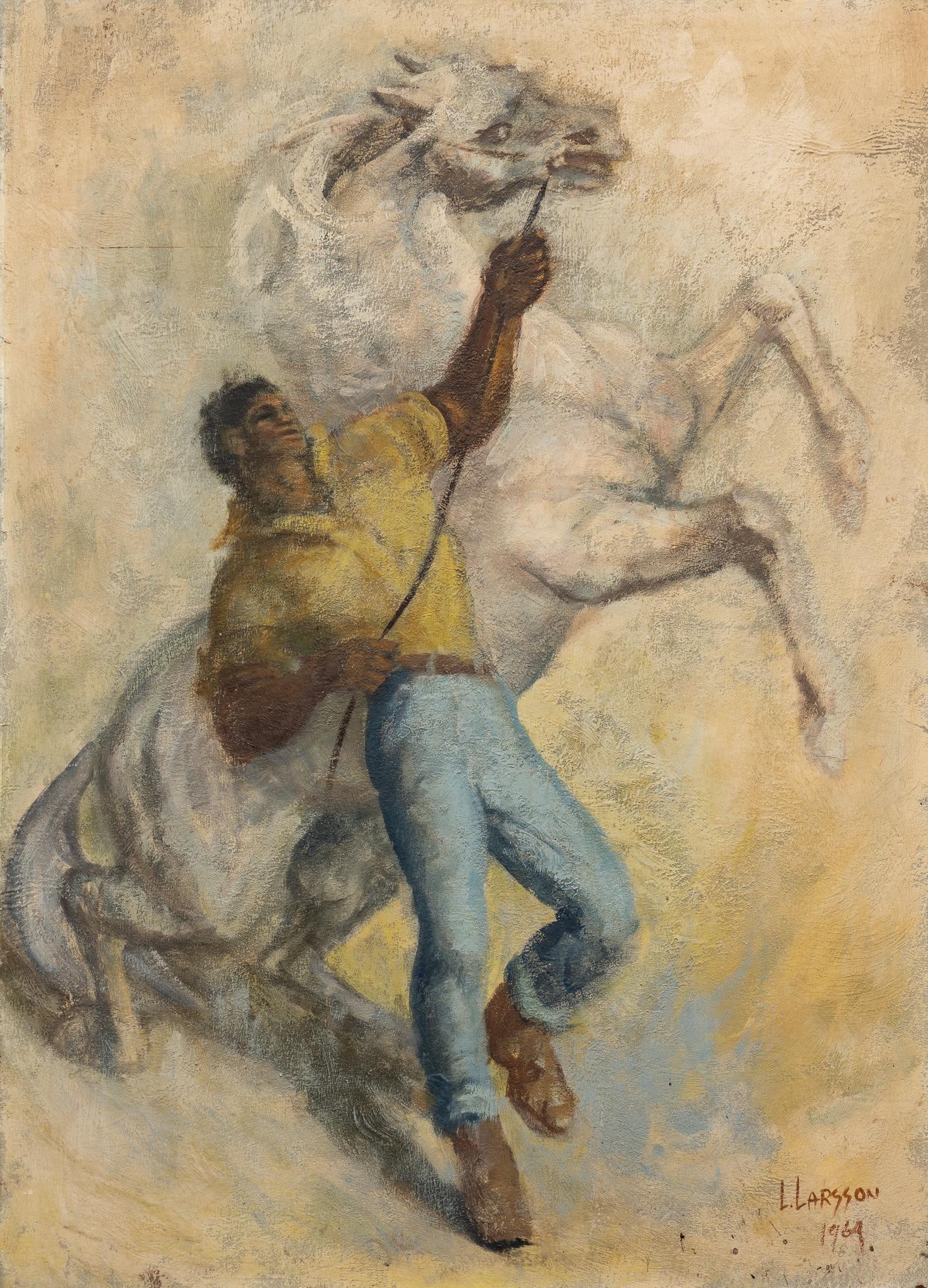 Leslie Larsson, Horse Wrangling, 1964: Leslie Larsson (Texas, 1913-1970), man wrangling horse, 1964, oil on artist panel sight: 28 x 20 in., frame: 25 x 29 in. Leslie Larsson maintained a studio in San Antonio, Texas and was known primaril