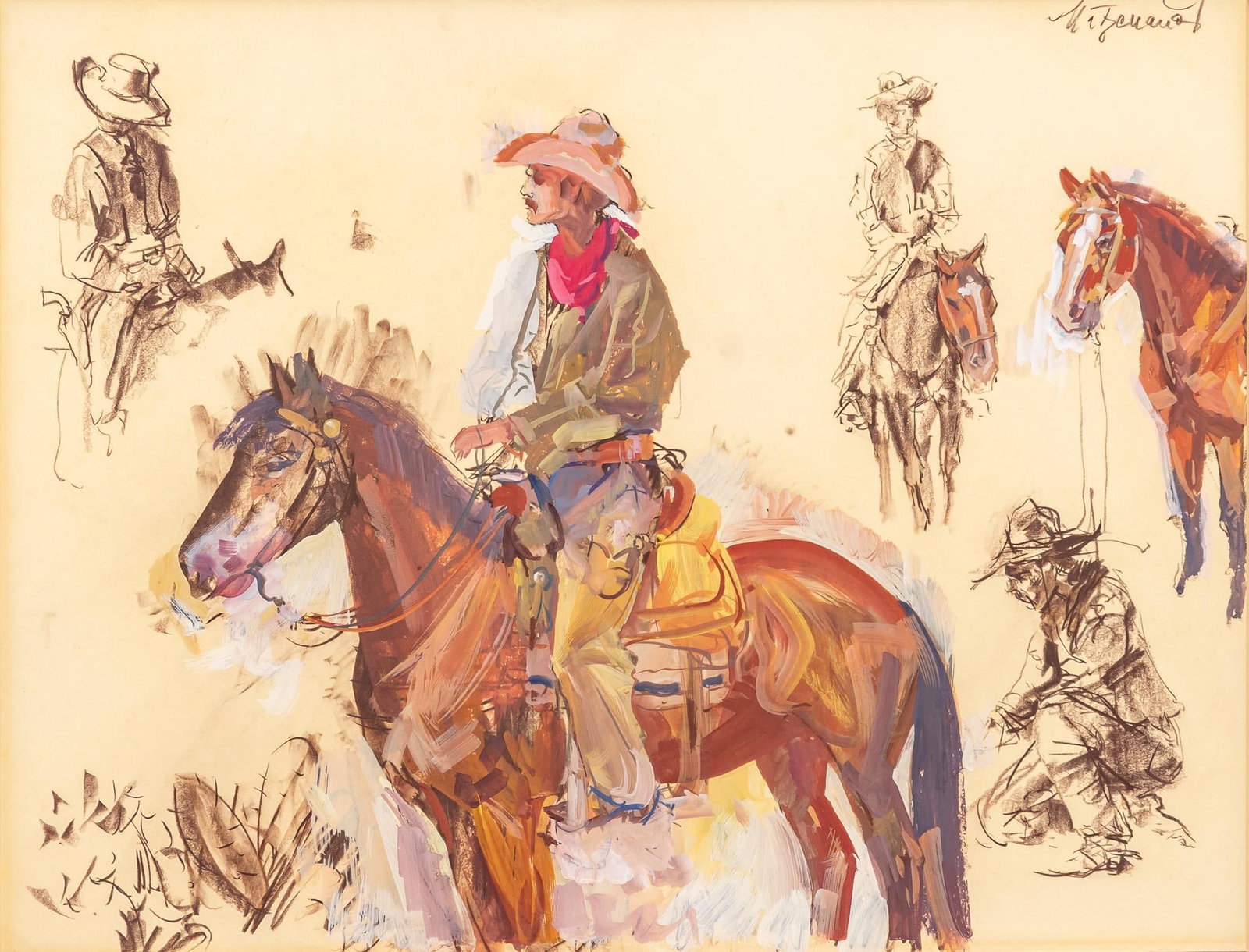 Hugo Matzenauer, Cowboy Study: Hugo Matzenauer, study of cowboy in various poses, ink and gouache on paper sight: 9 x 12 in., frame: 17.5 x 21 in. Shipping available for this lot through our partner 4CL; please request a shipping q