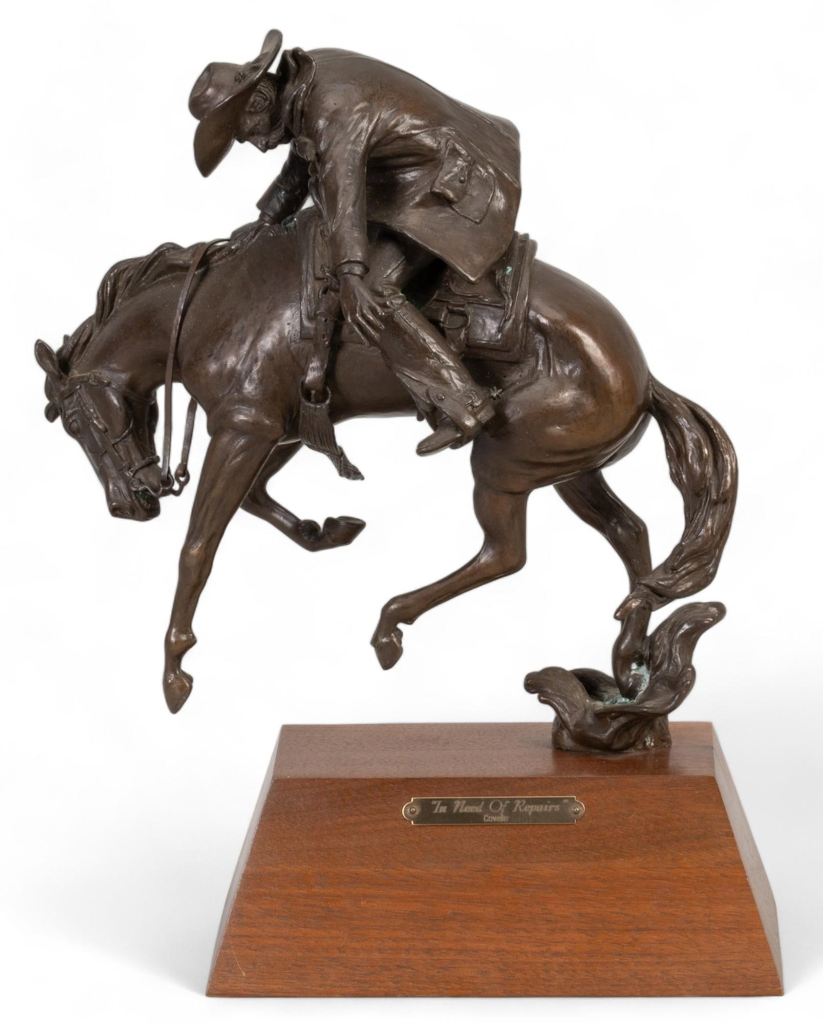 Covelle Jones, "In Need of Repairs": Covelle Jones (Texas, b. 1936; and Texas State Artist 1984-1985), "In Need of Repairs", bronze sculpture on wooden base height 13.5 in. x width 10 in. x depth 7 in. Shipping available for this