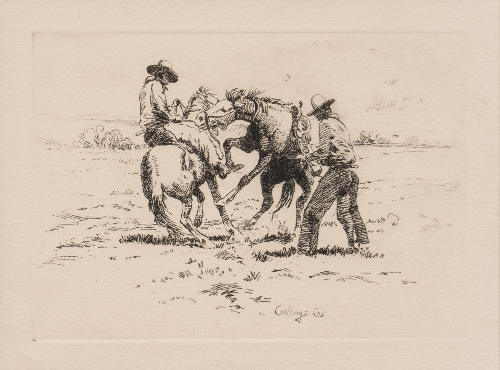 William Gollings, Cowboy Etching: William "Bill" Gollings (Wyoming / Idaho, 1878-1932), cowboys with broncos, etching from an open edition sight: 6 x 8 in., frame: 12 x 14 in. Shipping available for this lot through our par