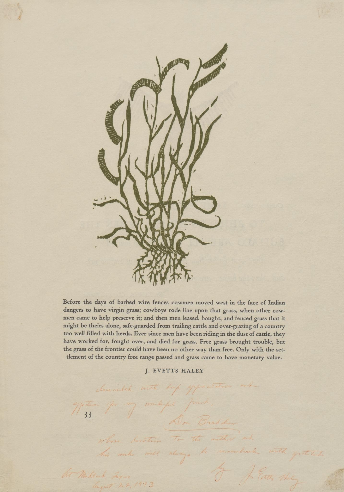 J. Evetts Signed Plant Broadside: J. Evetts signed plant broadside, J. Evetts was a historian and Texas government official and this is a print of grass where he speaks about its importance to ranching sight:14 x 10 in., frame: 17.5 x