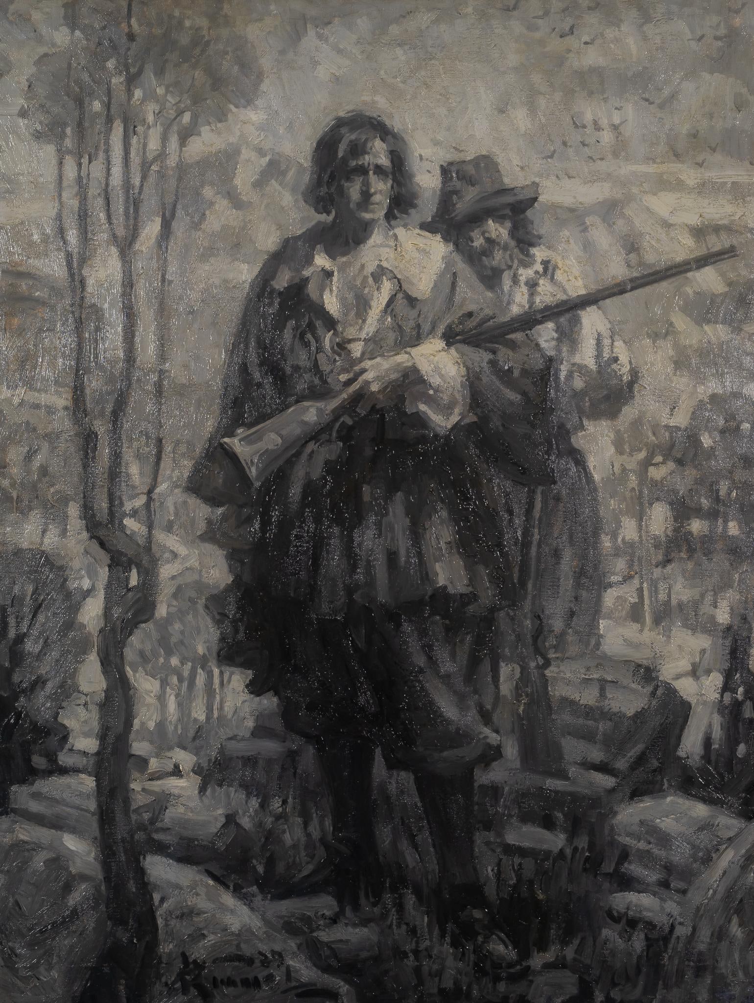 Lu Kimmel, "Pioneers", 1929: Lu Kimmel (New York, 1905-1973), "Pioneers", 1929, oil on canvas sight: 42 x 32 in., frame: 47 x 36.5 in. Shipping available for this lot through our partner 4CL; please request a shipping q