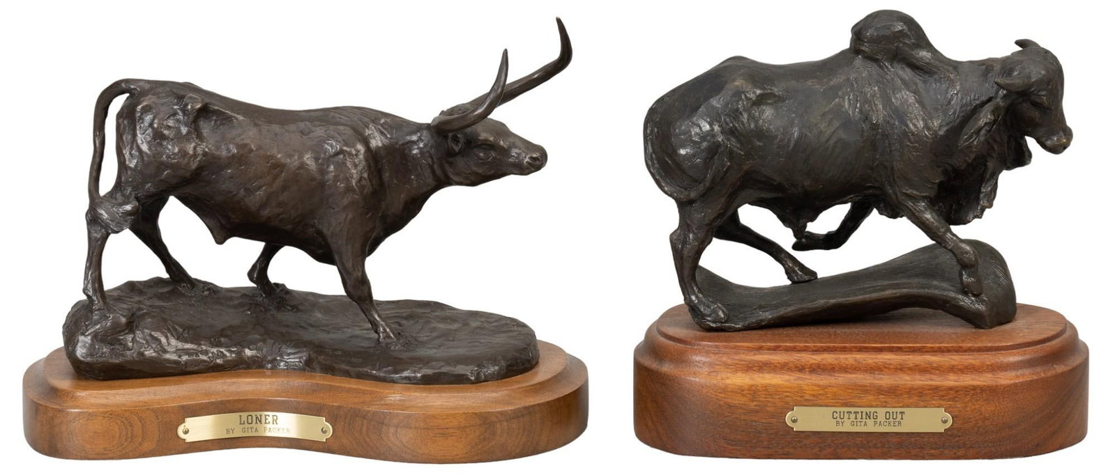 Gita Packer, (2) Bronze Steers: Julia "Gita" Packer (Fort Worth, Texas, 1922-2005), (2) bronze steer sculptures to include "Loner" and "Cutting Out" height 7 in. x width 9 in. x depth 5 in. Shipping available