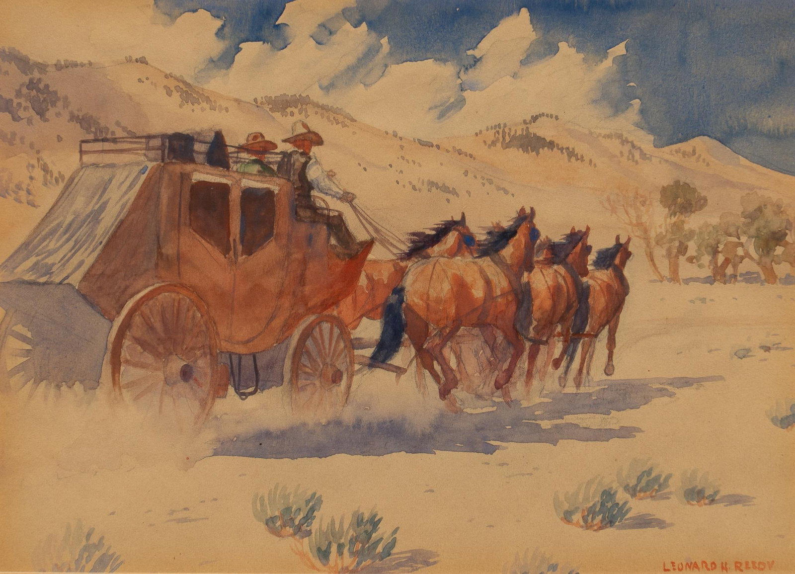 Leonard Reedy, Stagecoach Raid: Leonard Reedy (Illinois, 1899-1956), stagecoach raid, watercolor sight: 7.5 x 10.5 in., frame: 15 x 18 in. Shipping available for this lot through our partner 4CL; please request a shipping quote at s