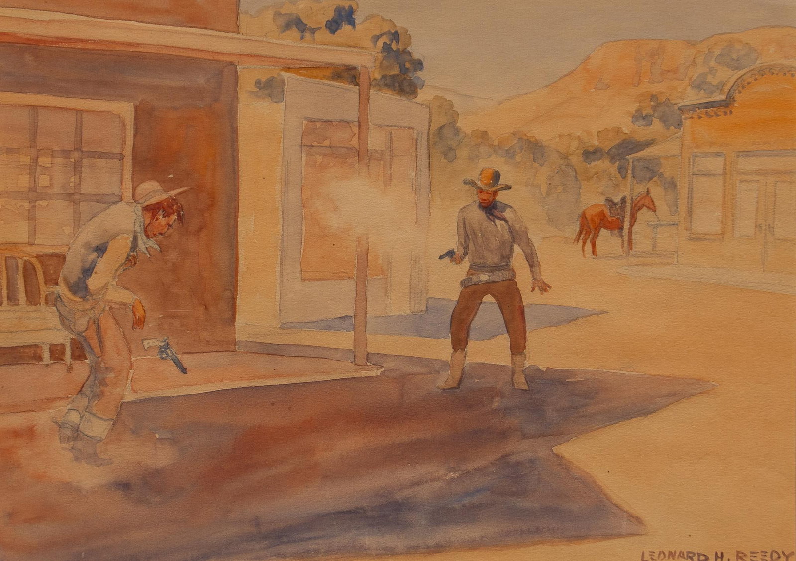 Leonard Reedy, Cowboy Shootout: Leonard Reedy (Illinois, 1899-1956), cowboy shootout scene, watercolor sight: 7.5 x 10.5 in., frame: 15 x 18 in. Shipping available for this lot through our partner 4CL; please request a shipping quot