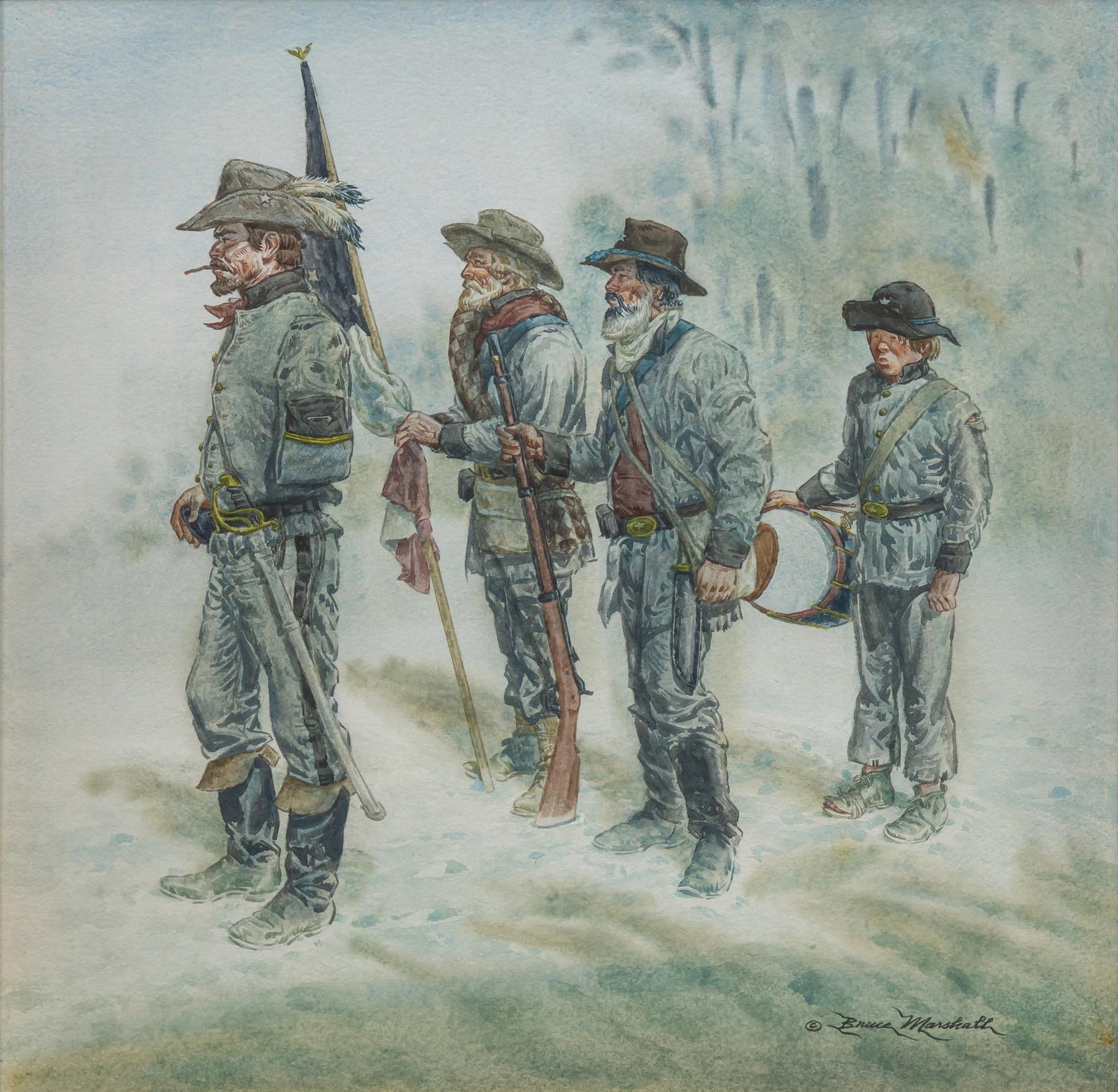 Bruce Marshall, "The Undefeated": Bruce Marshall, "The Undefeated", scene of the one-armed Major General Philip Kearny (1815-1862) in the snow with some Union soldiers, watercolor on artist paper sight: 19 x 19 in., frame: 27 