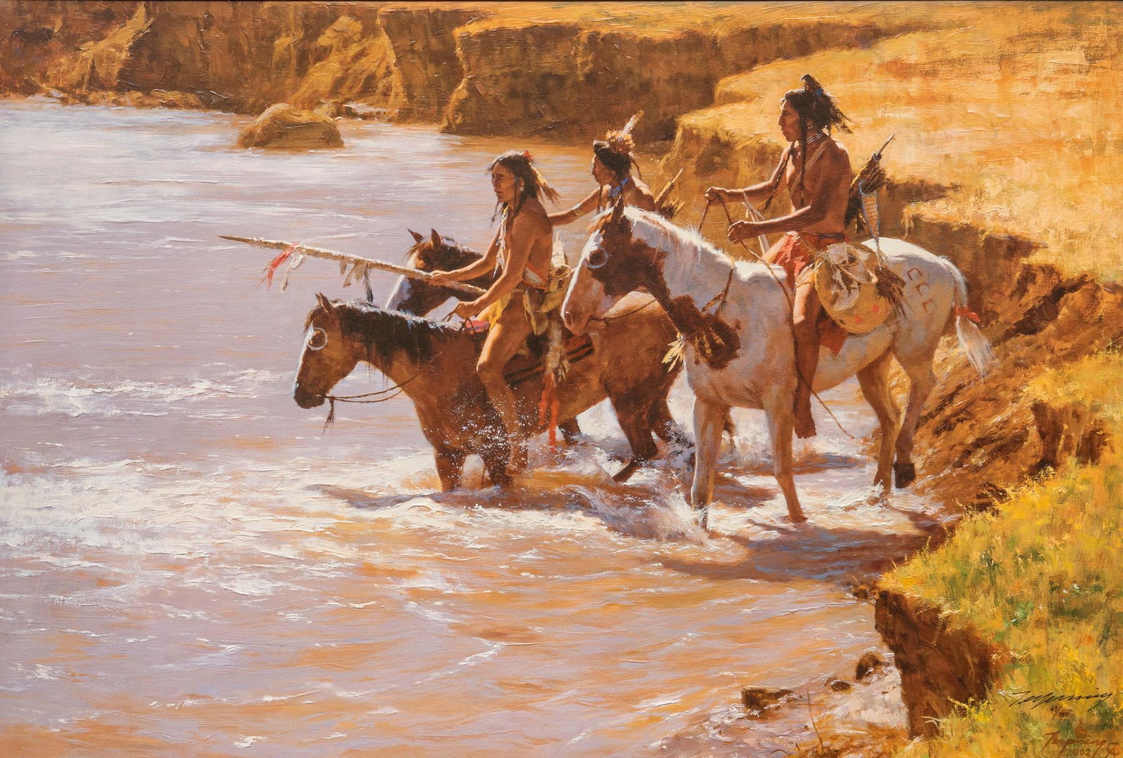Howard Terpning, "Crossing the Ford", Giclee: Howard Terpning (Arizona, b. 1927), "Crossing the Ford", 2002, giclee print on canvas, signed and numbered ed. 63/450, includes certificate of authenticity, framed sight: 22 x 32 in., frame: