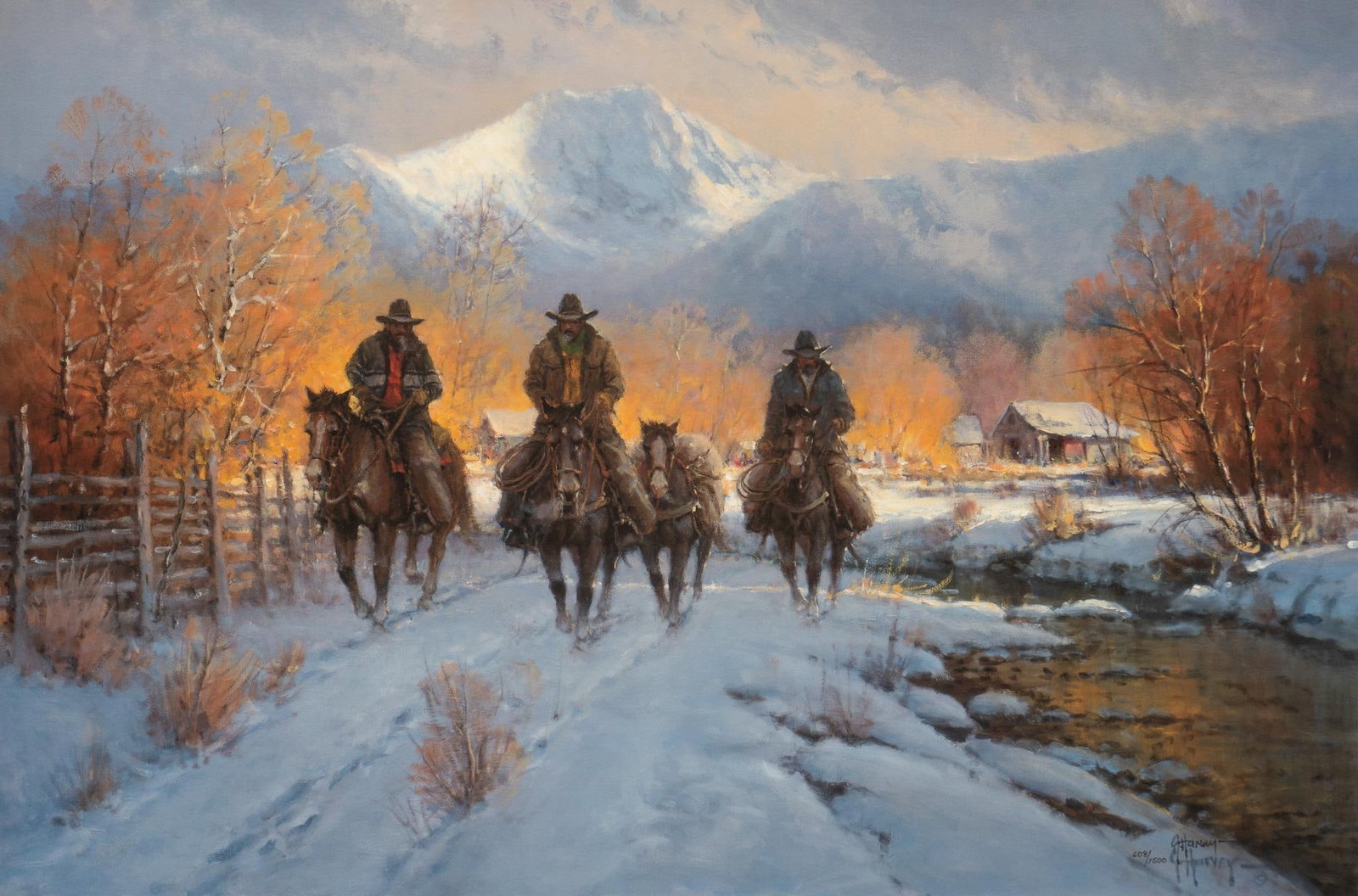 G. Harvey, "Snow Crossing": G. Harvey (Gerald Harvey Jones, Texas, 1993-2017), "Snow Crossing", signed and numbered offset lithograph ed. 608/1500, includes certificate of authenticity sight: 20 x 30 in., frame: 30 x 40 
