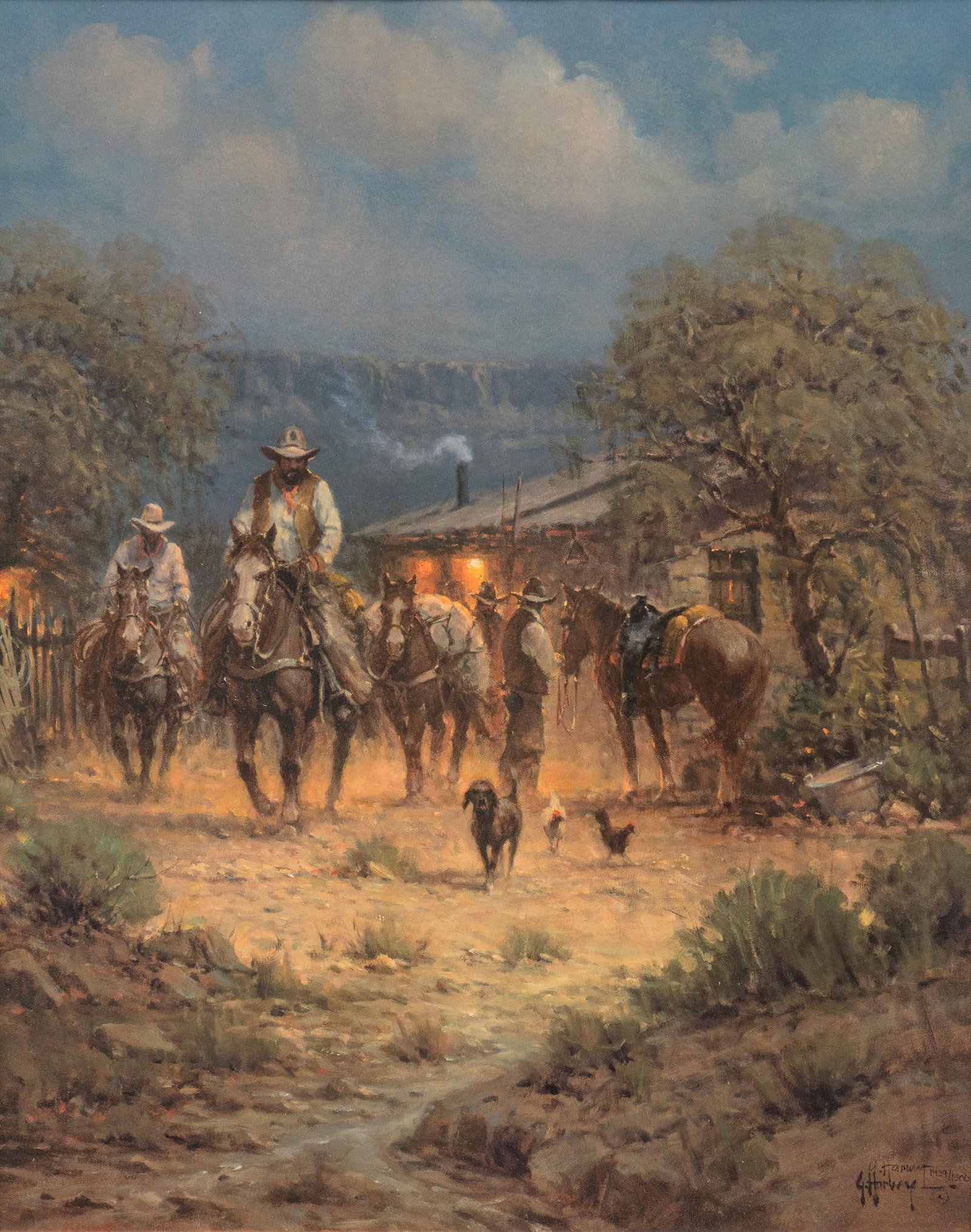 G. Harvey, "Ranger Outpost": G. Harvey (Gerald Harvey Jones, Texas, 1993-2017), "Ranger Outpost", signed and numbered offset lithograph, ed. 1439/1500 sight: 16 x 24 in., frame: 26.5 x 32.5 in. Shipping available for this