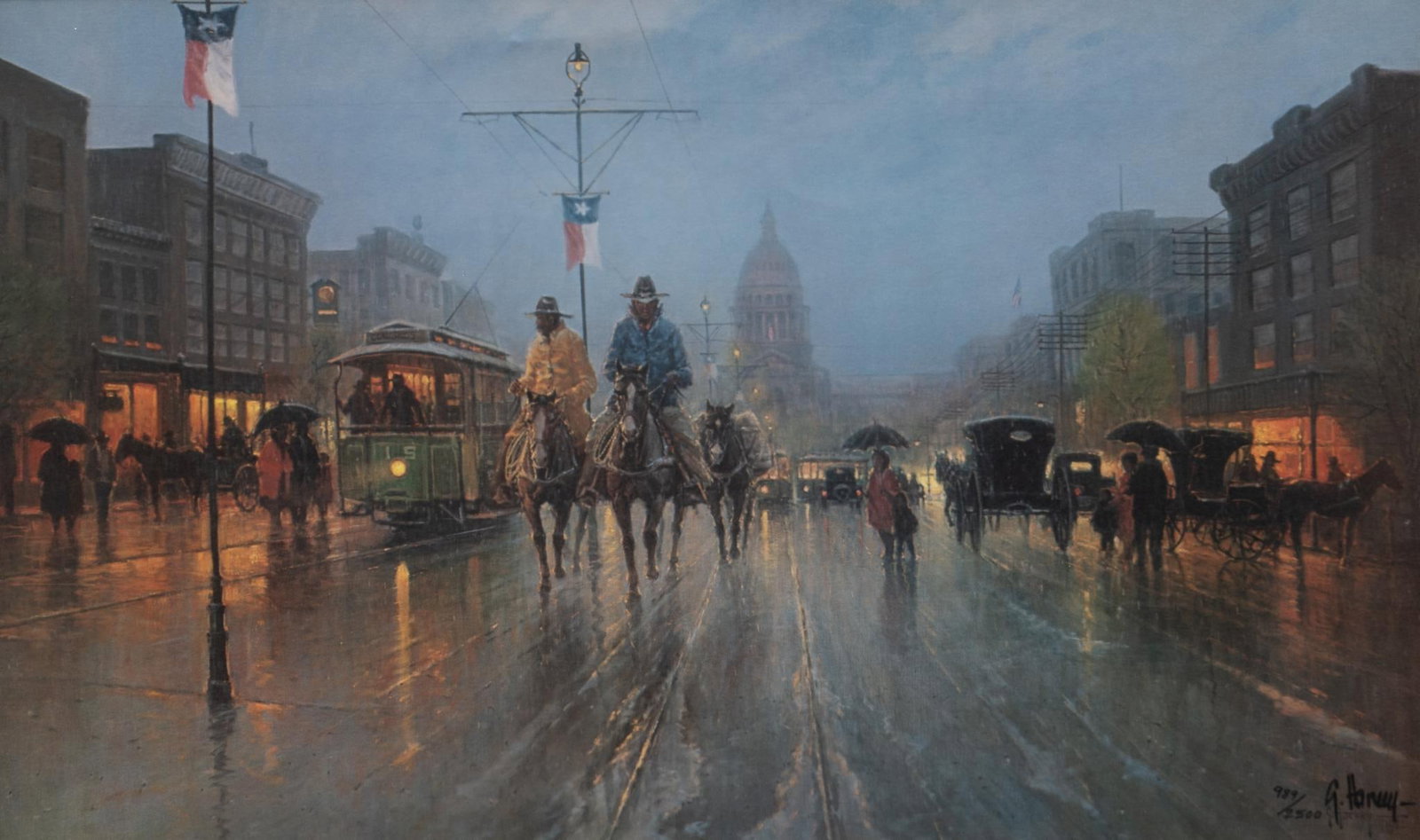 G. Harvey, "Streetcars Along the Avenue": G. Harvey (Gerald Harvey Jones, Texas, 1993-2017), "Streetcars Along the Avenue", signed and numbered offset lithograph ed. 989/2500, framed with corresponding postage stamp design by Harvey s