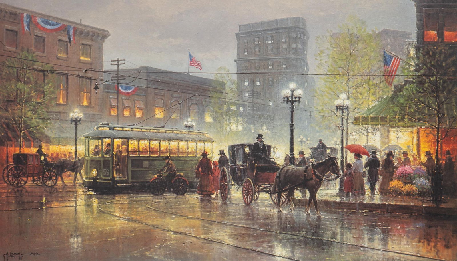 G. Harvey, "Peachtree Street, Atlanta": G. Harvey (Gerald Harvey Jones, Texas, 1993-2017), "Peachtree Street, Atlanta", signed and numbered offset lithograph ed. 1446/1950 sight: 20 x 34 in., frame: 29 x 43 in. Shipping available