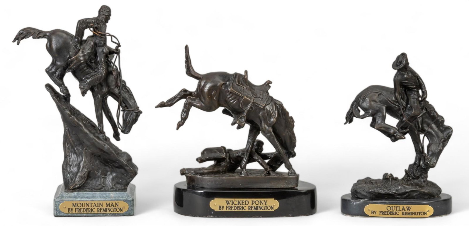 Frederic Remington, (3) Small Recasts: Frederic Remington, (3) small recast bronze sculptures to include "The Mountain Man", "Wicked Pony", and "Outlaw" height 10.5 in. x width 6.5 in. x depth 4.5 in. / largest Cond
