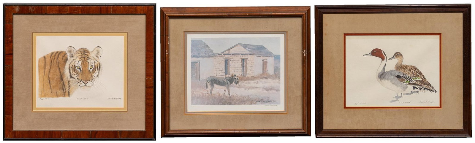 Charles Beckendorf, (3) Lithographs: Charles Beckendorf, (3) signed and numbered lithographs to include "Burro" ed. 16/500, "Pintails" ed. 90/100, and "Tiger" ed. 55/100 Shipping available for this lot through our