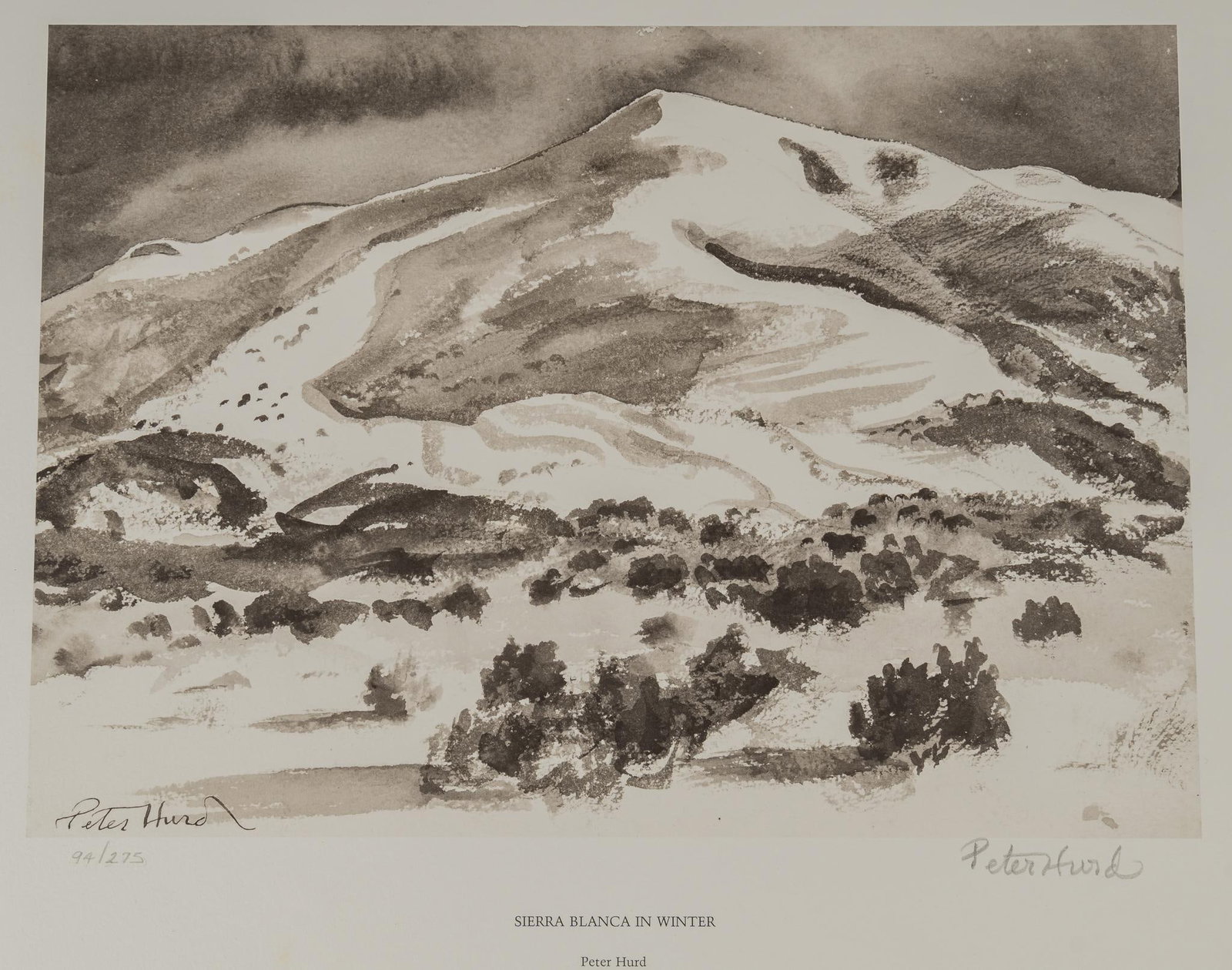 Peter Hurd, "Sierra Blanca in Winter": Peter Hurd (New Mexico, 1904-1984), "Sierra Blanca in Winter", signed and numbered lithograph, not framed plate: 10 x 14 in., frame: 18 x 21 in. Provenance: Property from the collection of an 
