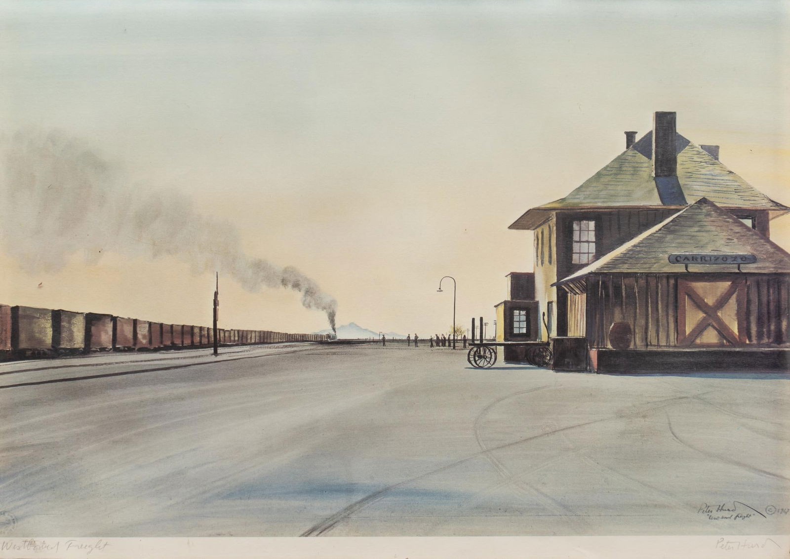 Peter Hurd, "Westbound Freight", 1967: Peter Hurd (New Mexico, 1904-1984), "Westbound Freight", 1967, offset lithograph, signed and titled in pencil, from an open edition sight: 16.5 x 22 in., frame: 23.5 x 28.5 in. Shipping avai