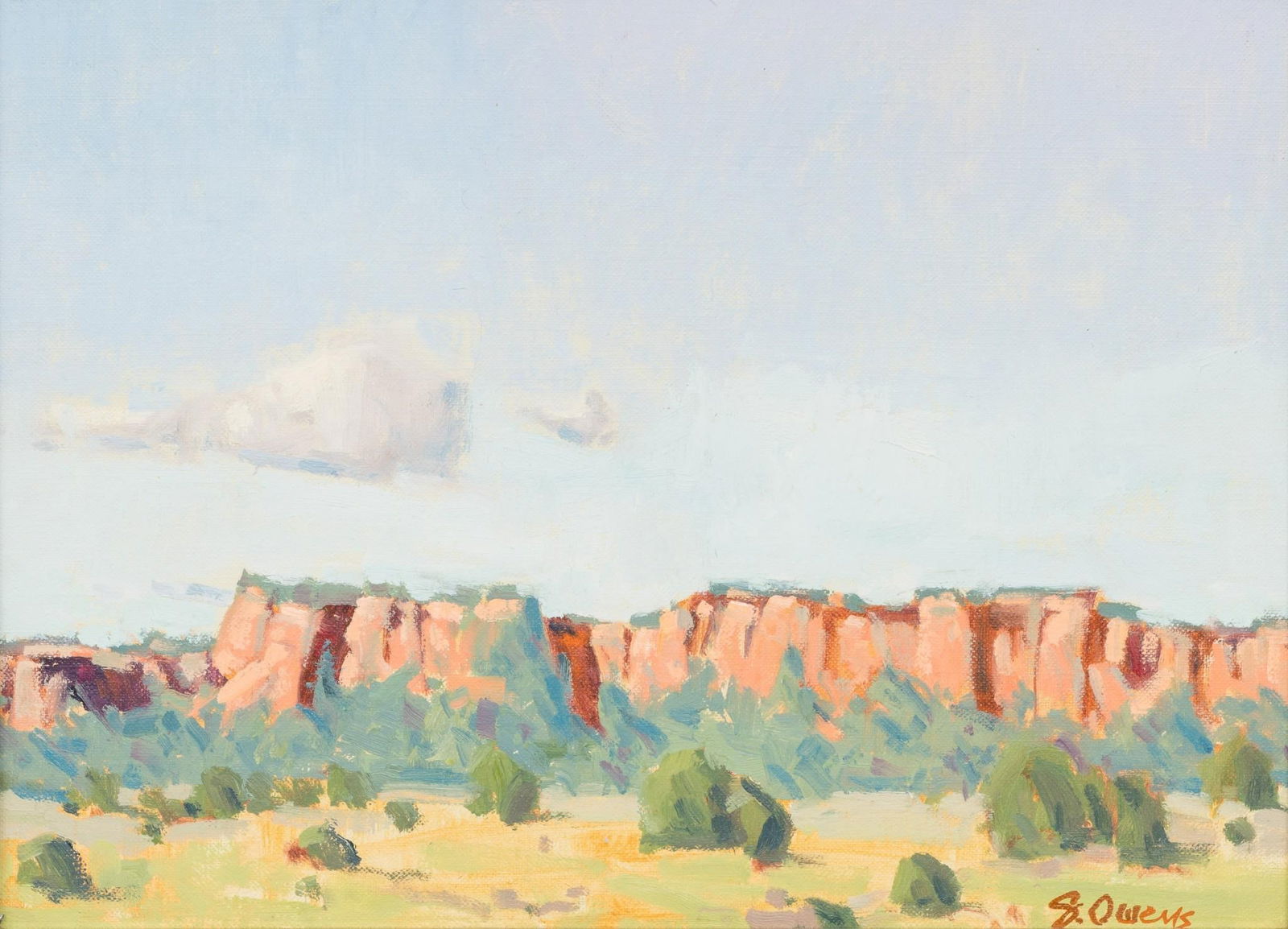 Suzanne Owens, "El Malpais": Suzanne Owens (Texas / New Mexico, 20th-21st century), "El Malpais", oil on linen panel sight: 9 x 12 in., frame: 11 x 14 in. Suzanne Owens cites as her greatest inspiration the natural worl