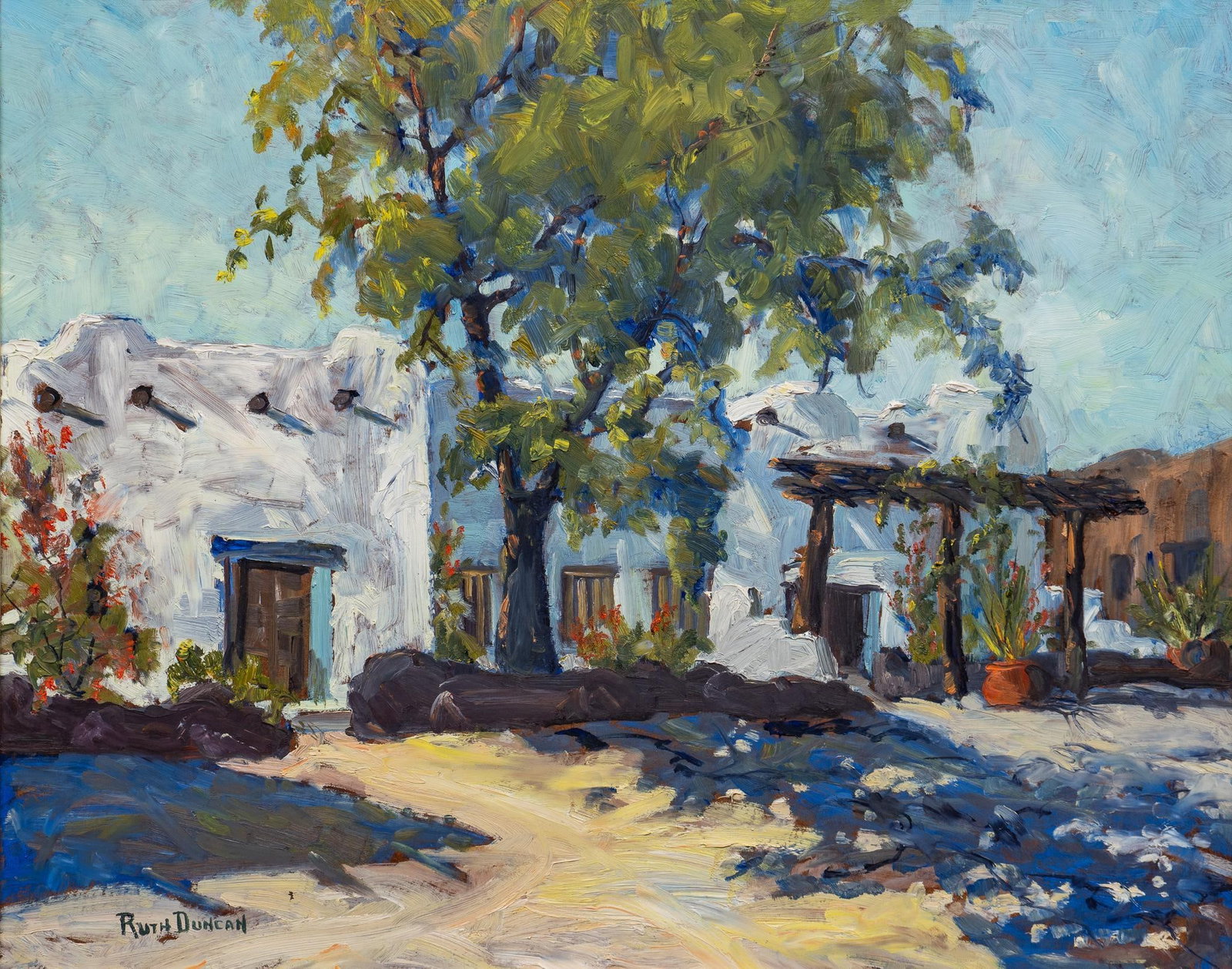 Ruth Duncan, Adobe Scene: Ruth Duncan (Texas, 1908-2002), adobe village, oil on masonite sight: 24 x 30 in. Born in Greeley, Colorado, Ruth Duncan lived most of her life in San Antonio, Texas, until her passing in 2002. Duncan